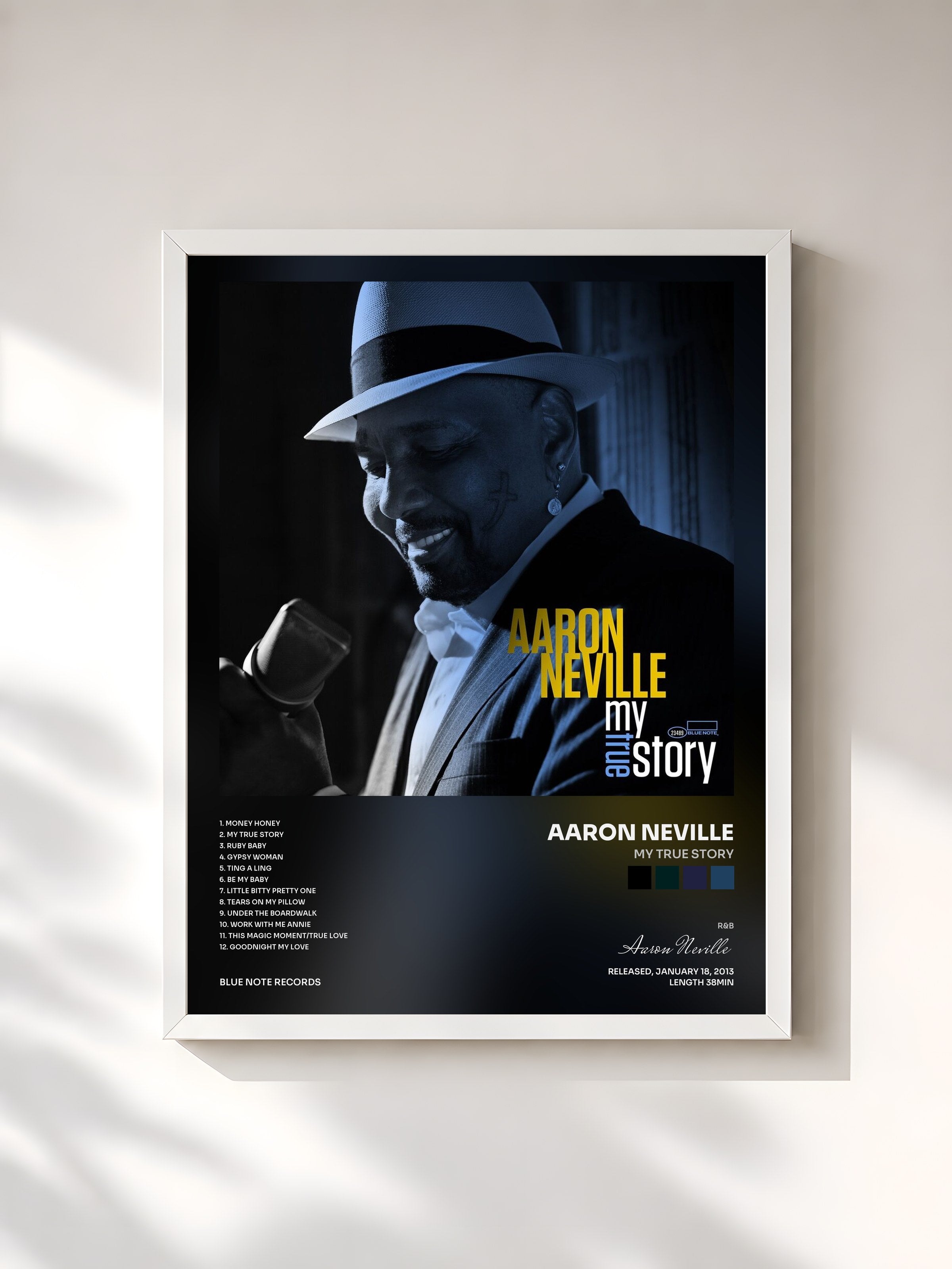 #blanc Tableau de l'album My True Story de Aaron Neville, cadre blanc, imprimé et encadré en France