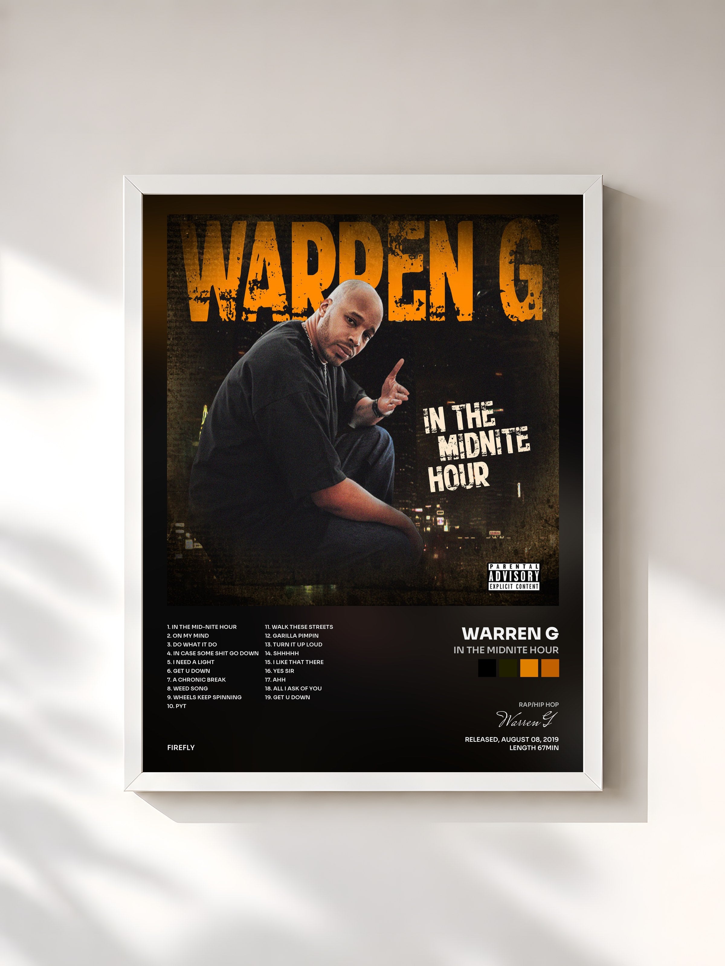 #blanc Tableau de l'album In The Midnite Hour de Warren G, cadre blanc, imprimé et encadré en France