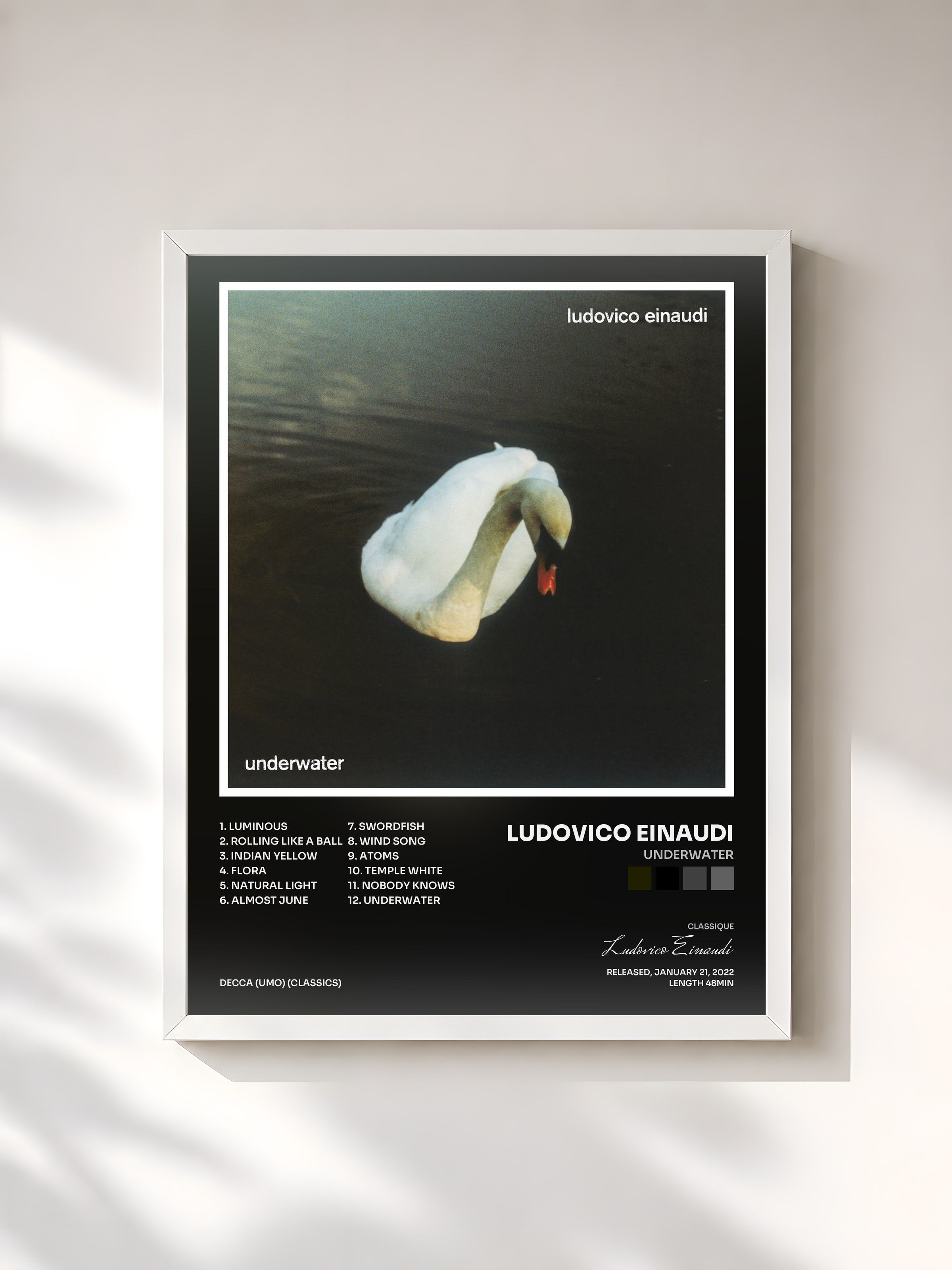 #blanc Tableau de l'album Underwater de Ludovico Einaudi, cadre blanc, imprimé et encadré en France