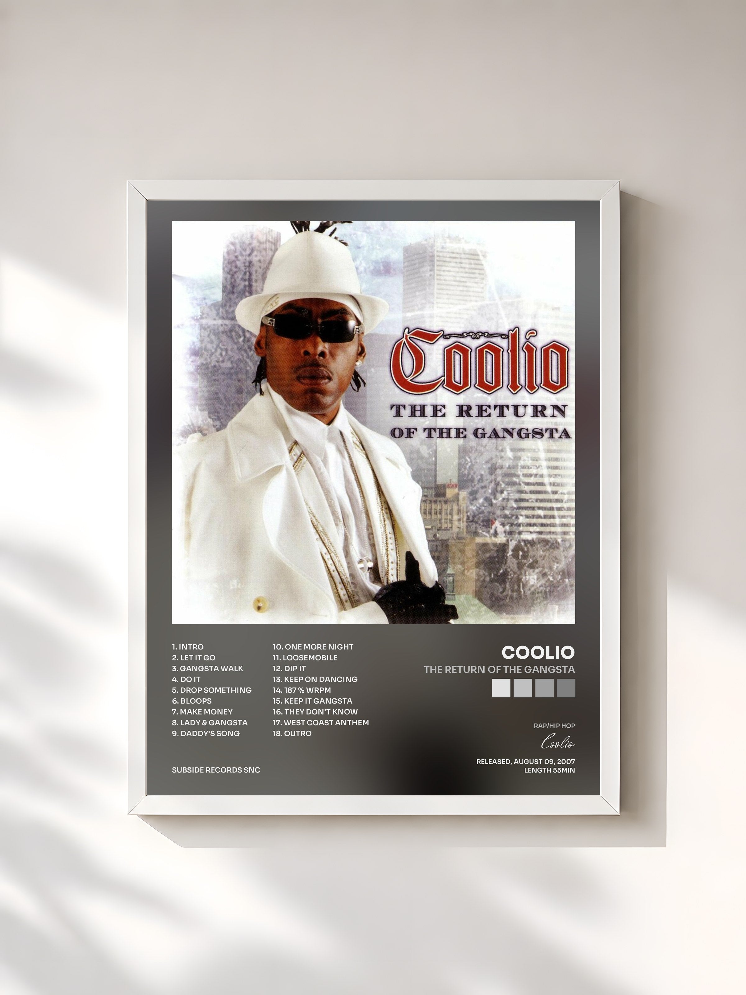 #blanc Tableau de l'album The Return Of The Gangsta de Coolio, cadre blanc, imprimé et encadré en France