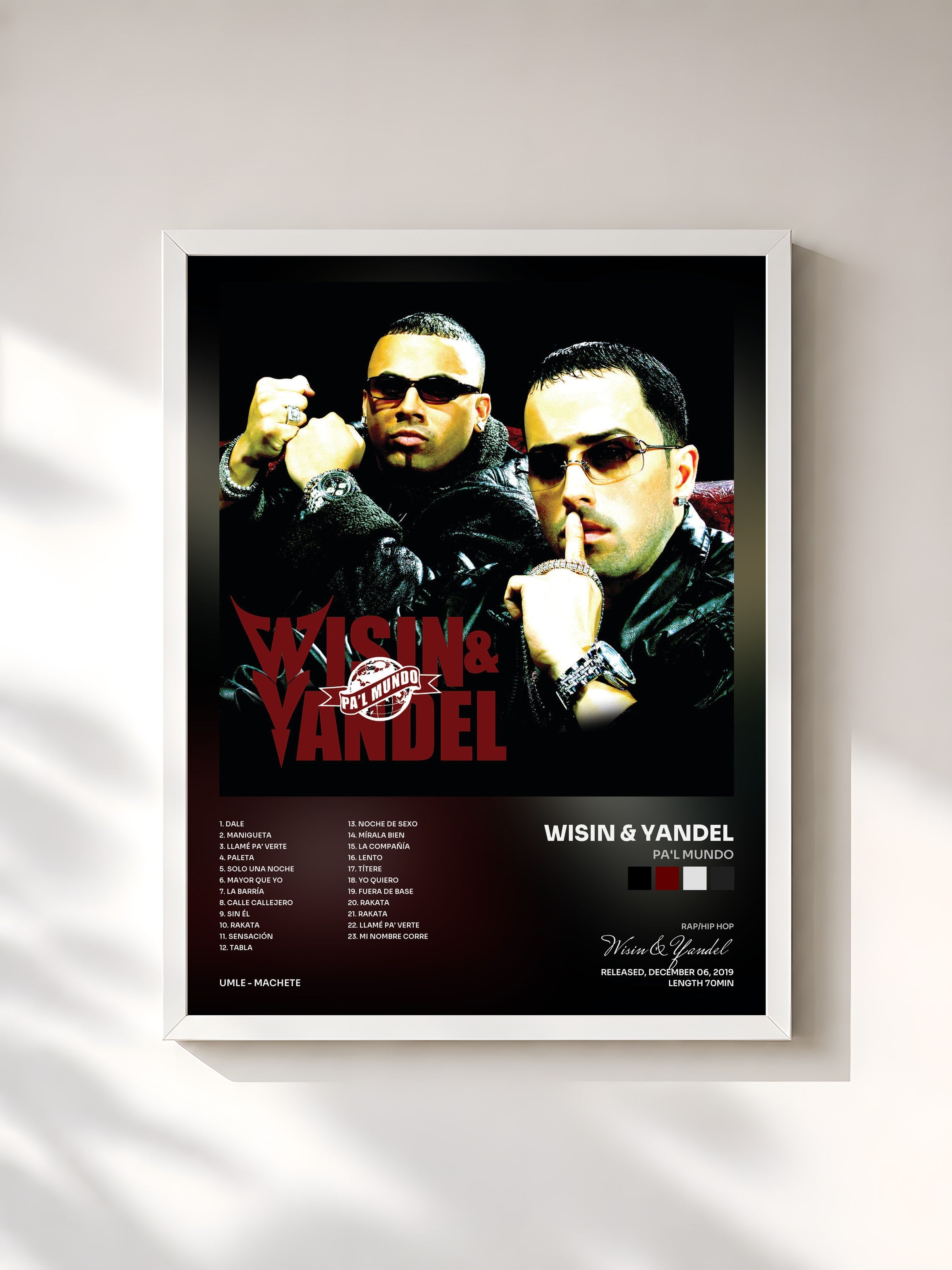 #blanc Tableau de l'album Pa'l Mundo de Wisin & Yandel, cadre blanc, imprimé et encadré en France