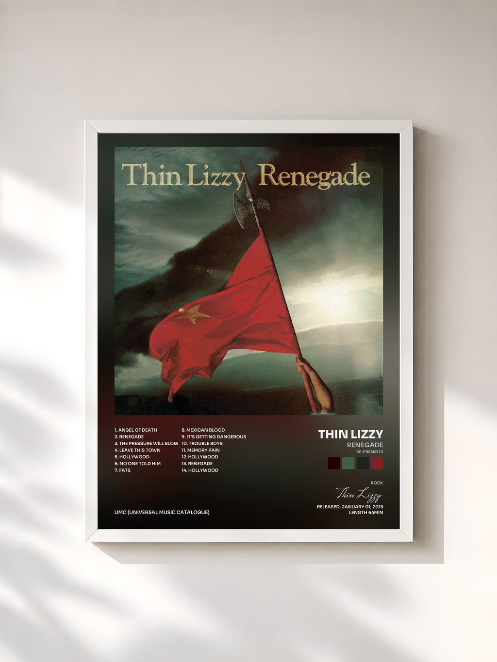 #blanc Tableau de l'album Renegade (Re-Presents) de Thin Lizzy, cadre blanc, imprimé et encadré en France