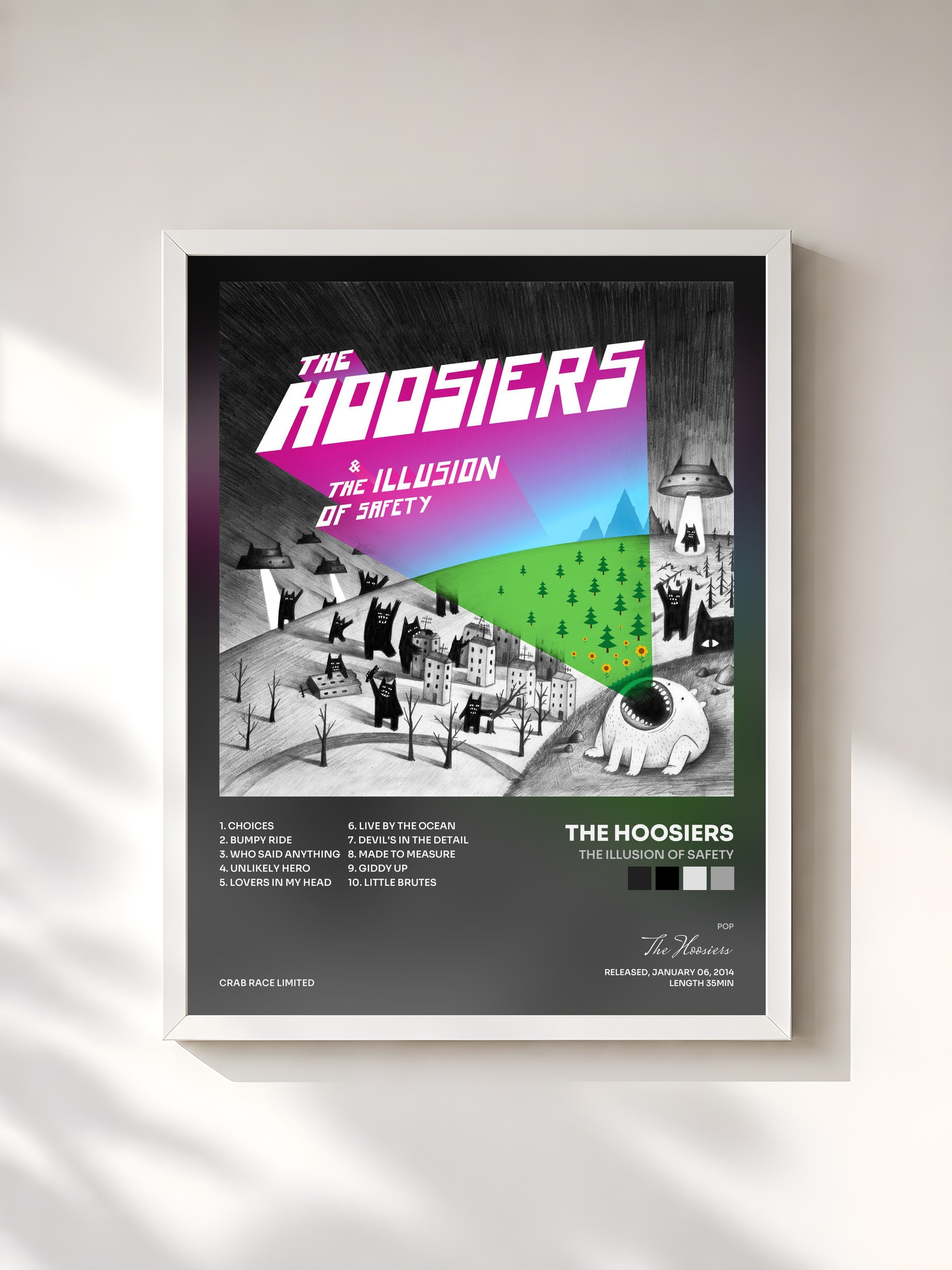 #blanc Tableau de l'album The Illusion of Safety de The Hoosiers, cadre blanc, imprimé et encadré en France