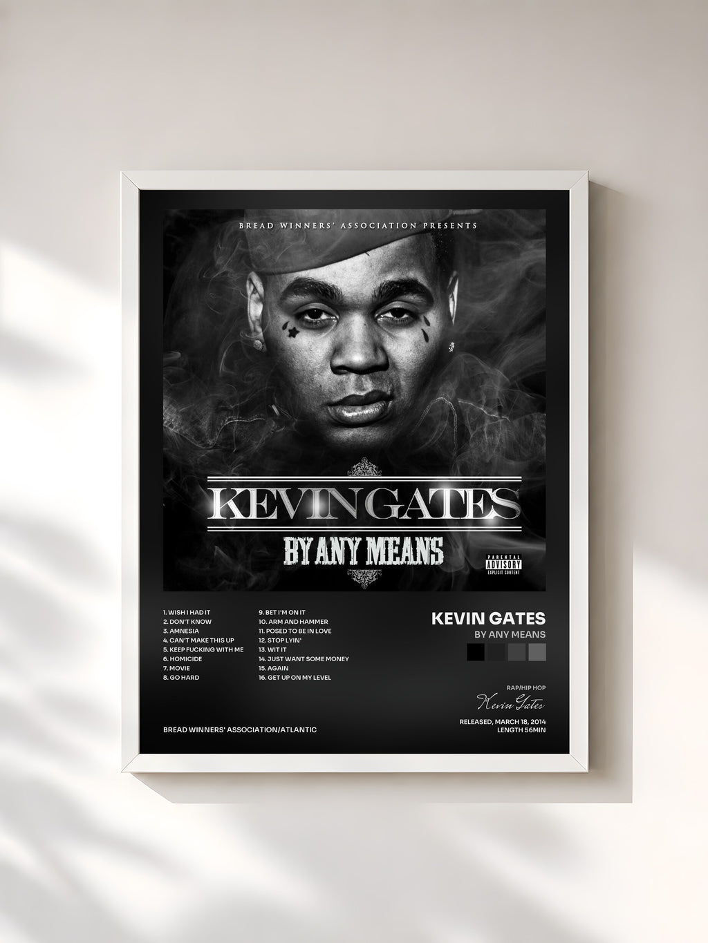 #blanc Tableau de l'album By Any Means de Kevin Gates, cadre blanc, imprimé et encadré en France