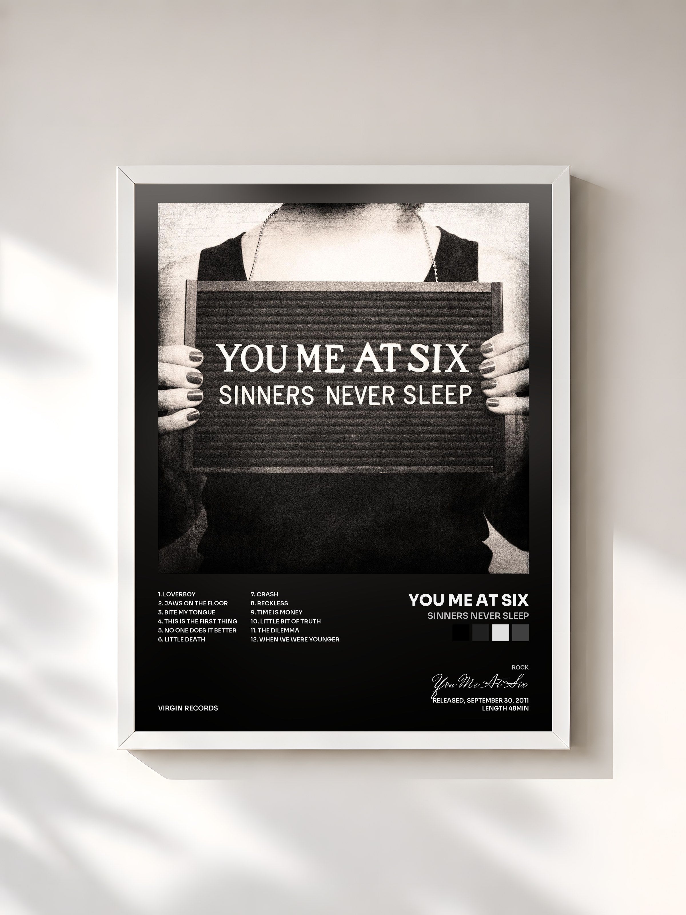 #blanc Tableau de l'album Sinners Never Sleep de You Me At Six, cadre blanc, imprimé et encadré en France