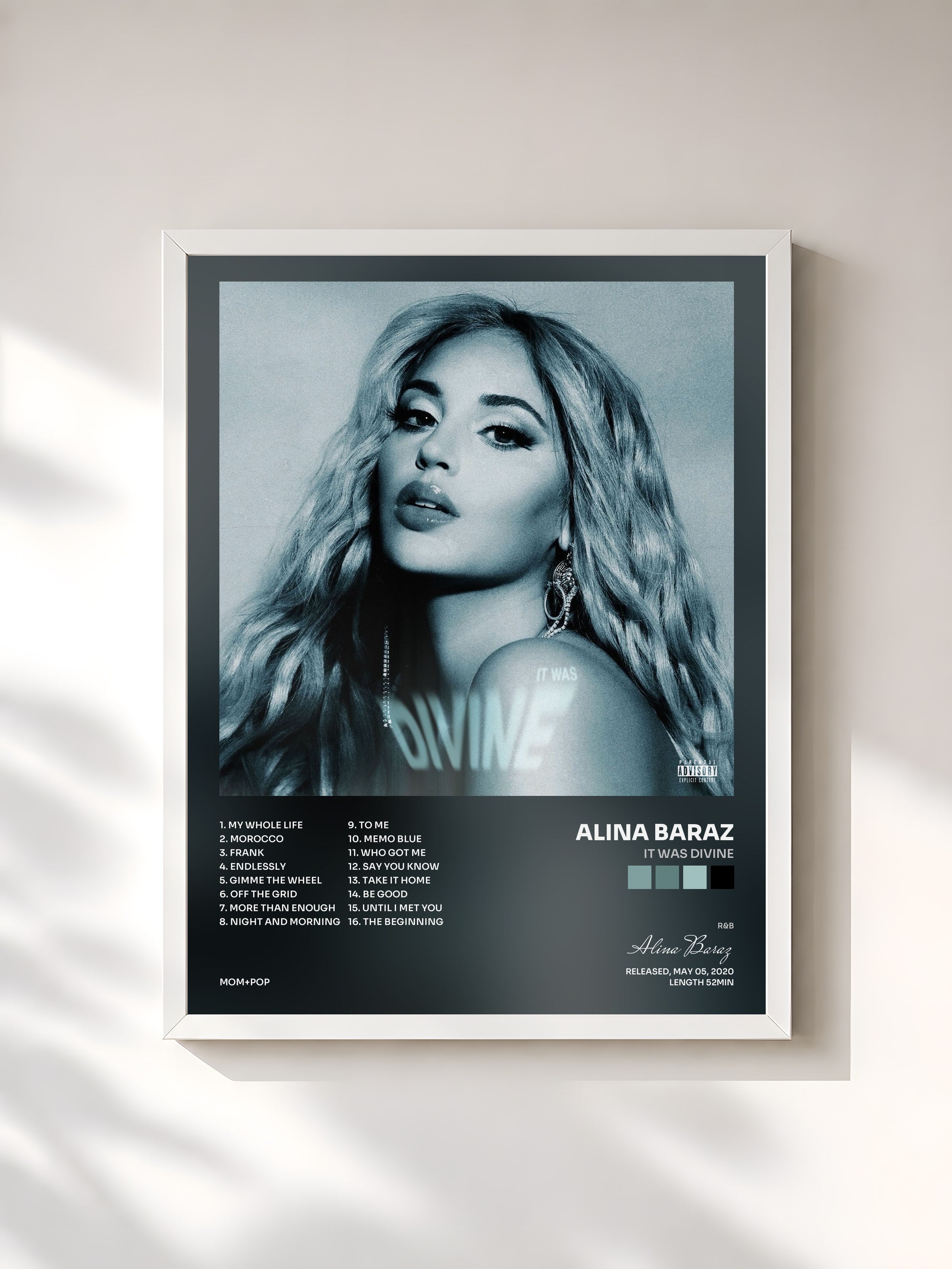 #blanc Tableau de l'album It Was Divine de Alina Baraz, cadre blanc, imprimé et encadré en France