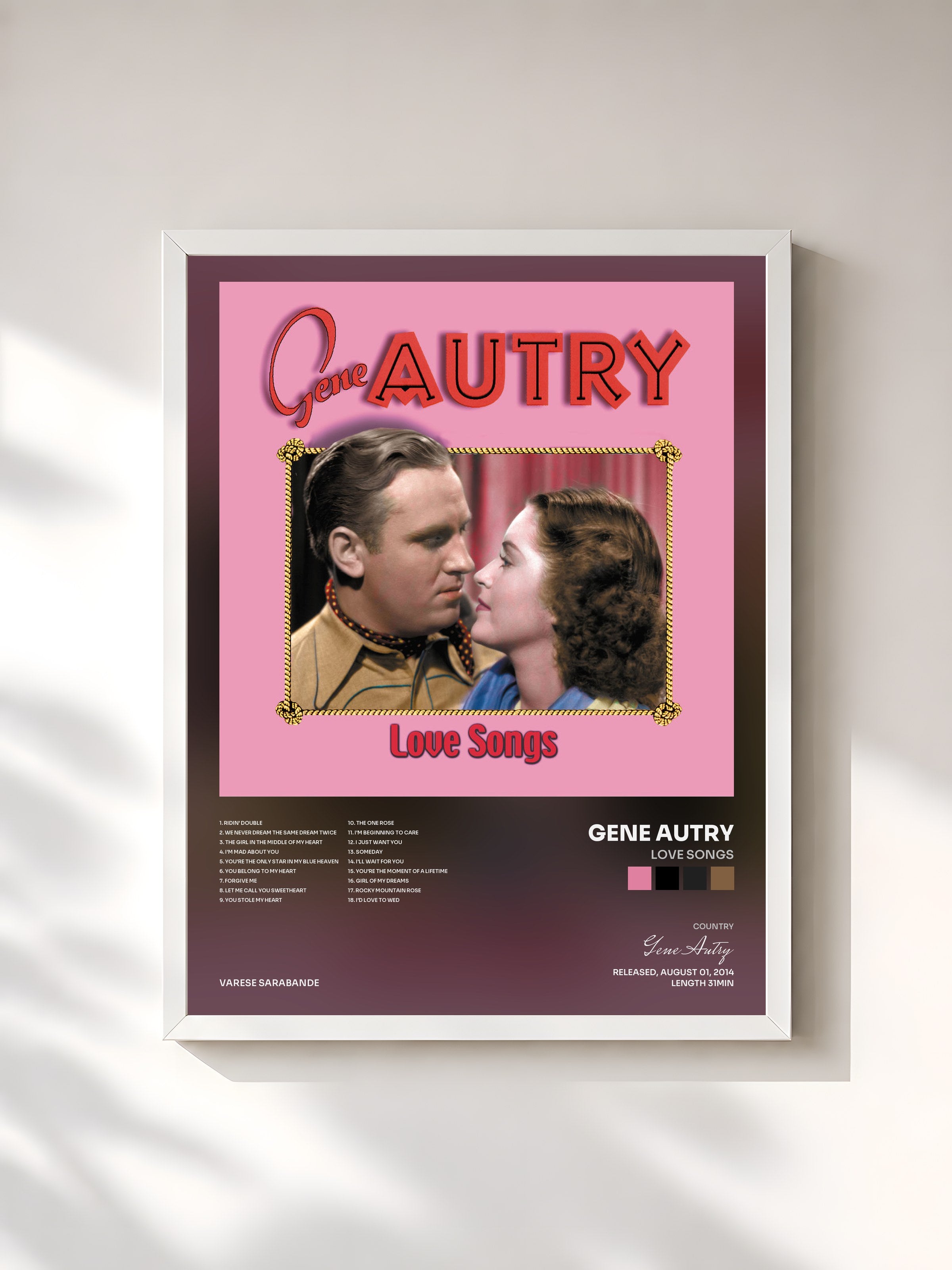 #blanc Tableau de l'album Love Songs de Gene Autry, cadre blanc, imprimé et encadré en France