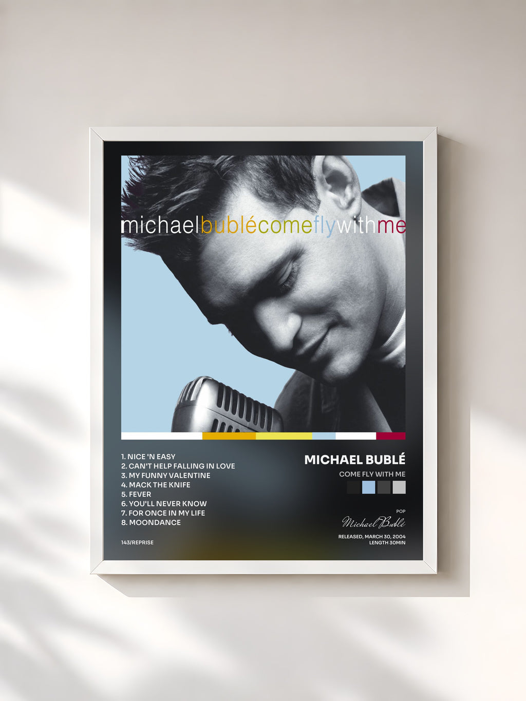#blanc Tableau de l'album Come Fly with Me de Michael Bublé, cadre blanc, imprimé et encadré en France