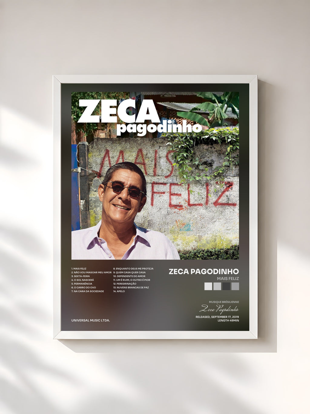 #blanc Tableau de l'album Mais Feliz de Zeca Pagodinho, cadre blanc, imprimé et encadré en France