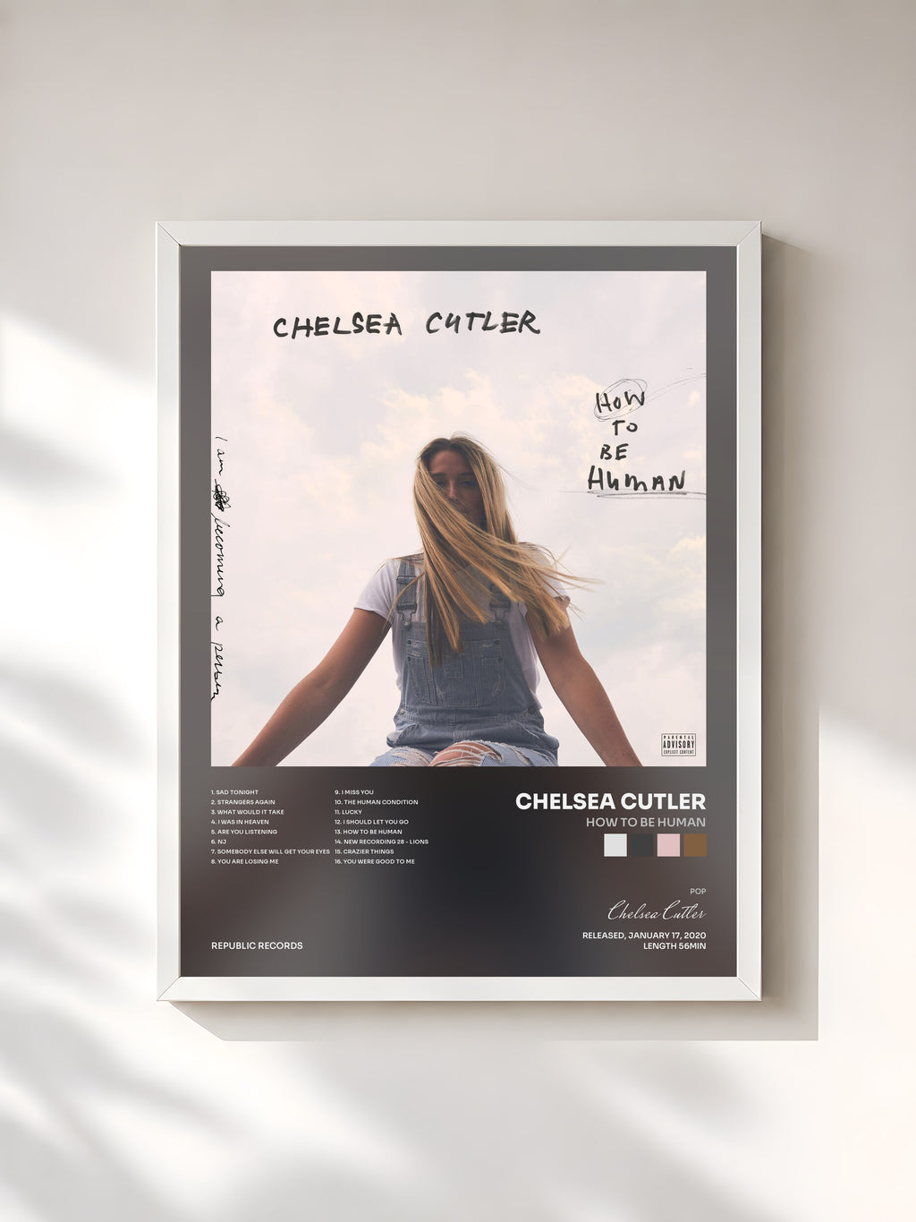 #blanc Tableau de l'album How To Be Human de Chelsea Cutler, cadre blanc, imprimé et encadré en France