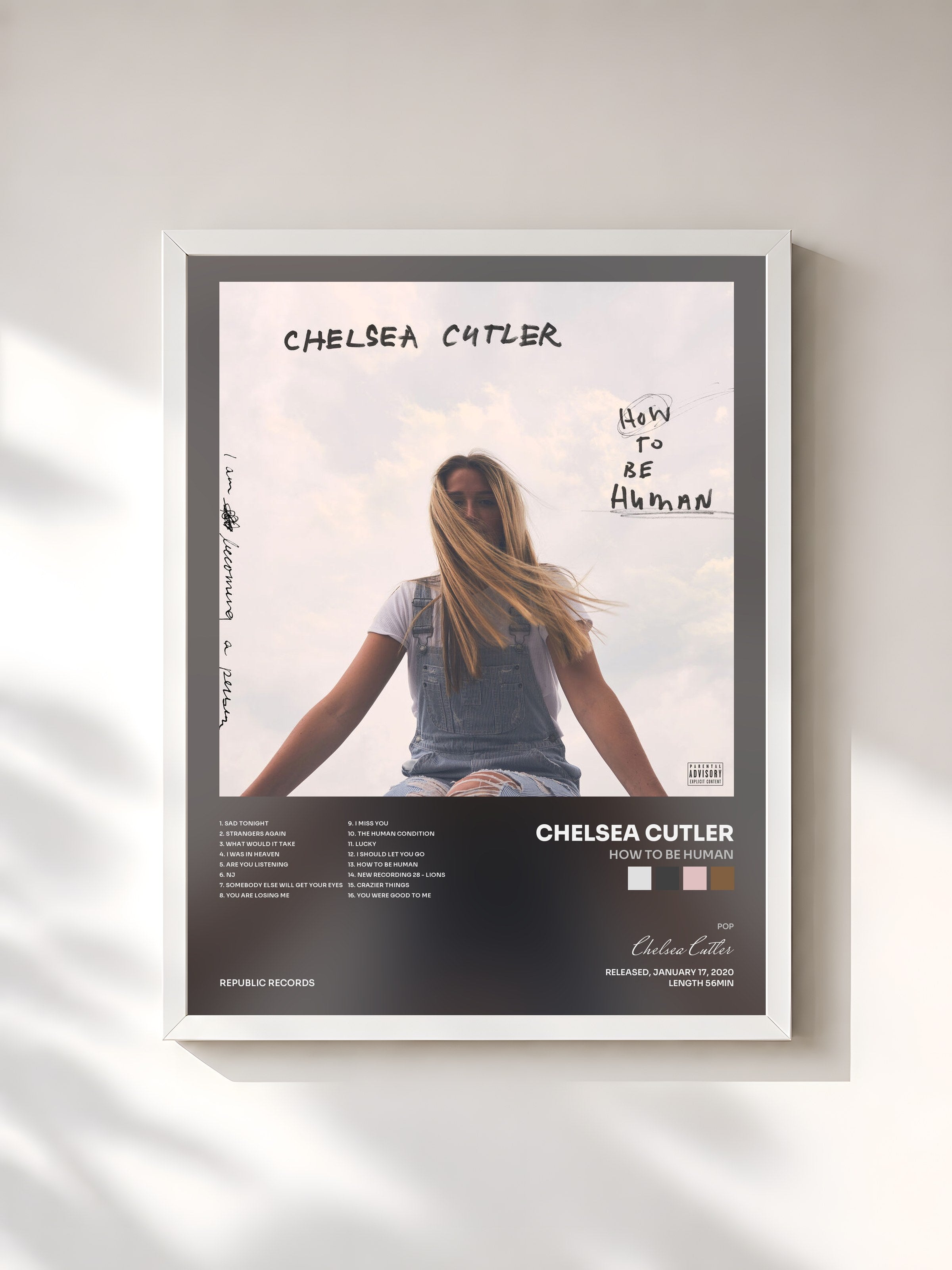 #blanc Tableau de l'album How To Be Human de Chelsea Cutler, cadre blanc, imprimé et encadré en France
