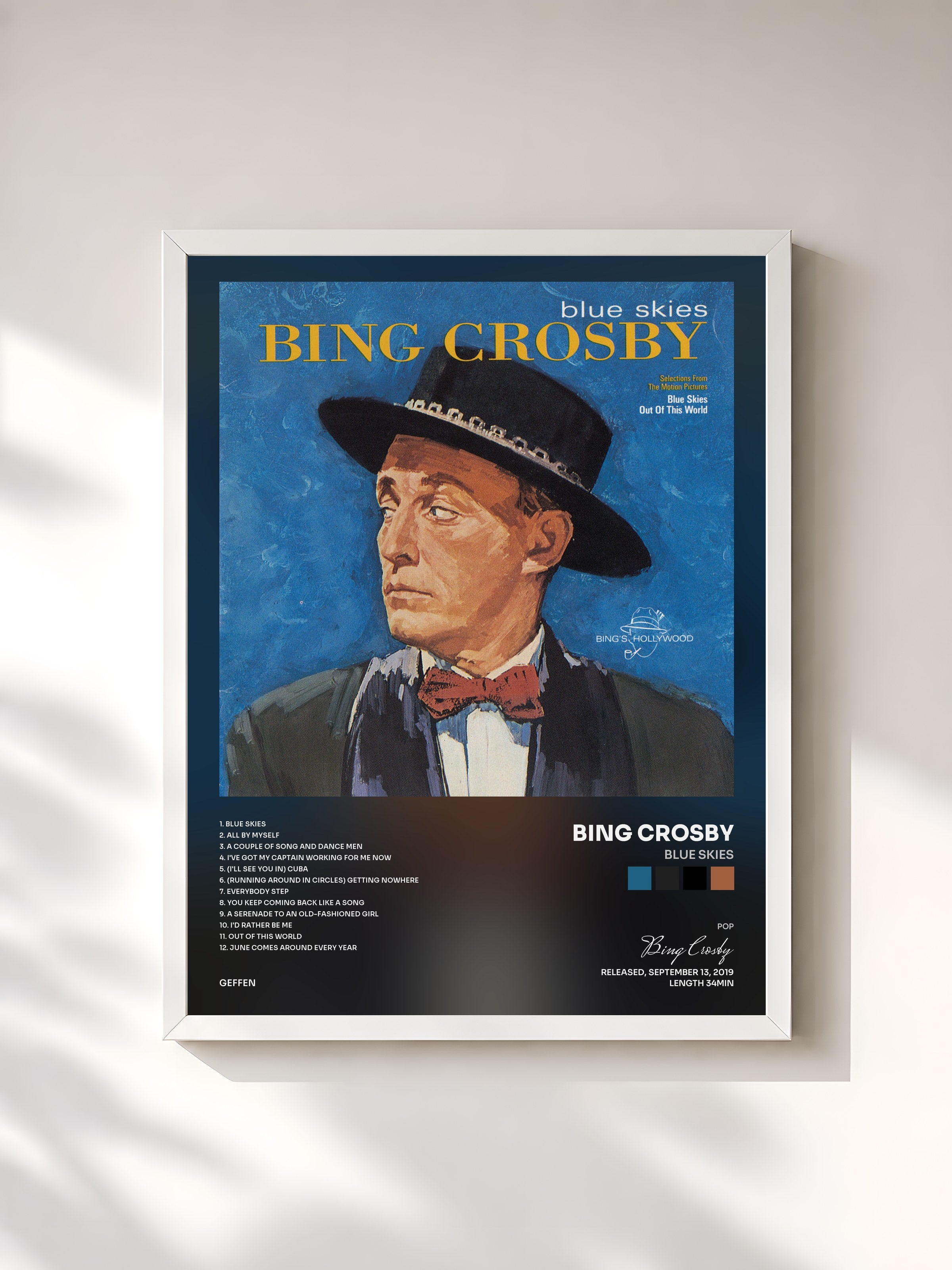 #blanc Tableau de l'album Blue Skies de Bing Crosby, cadre blanc, imprimé et encadré en France