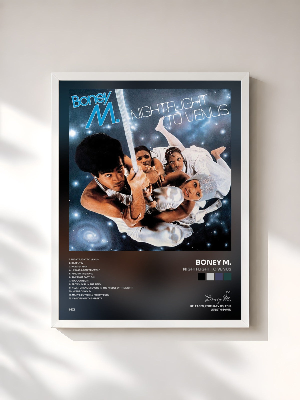 #blanc Tableau de l'album Nightflight to Venus de Boney M., cadre blanc, imprimé et encadré en France