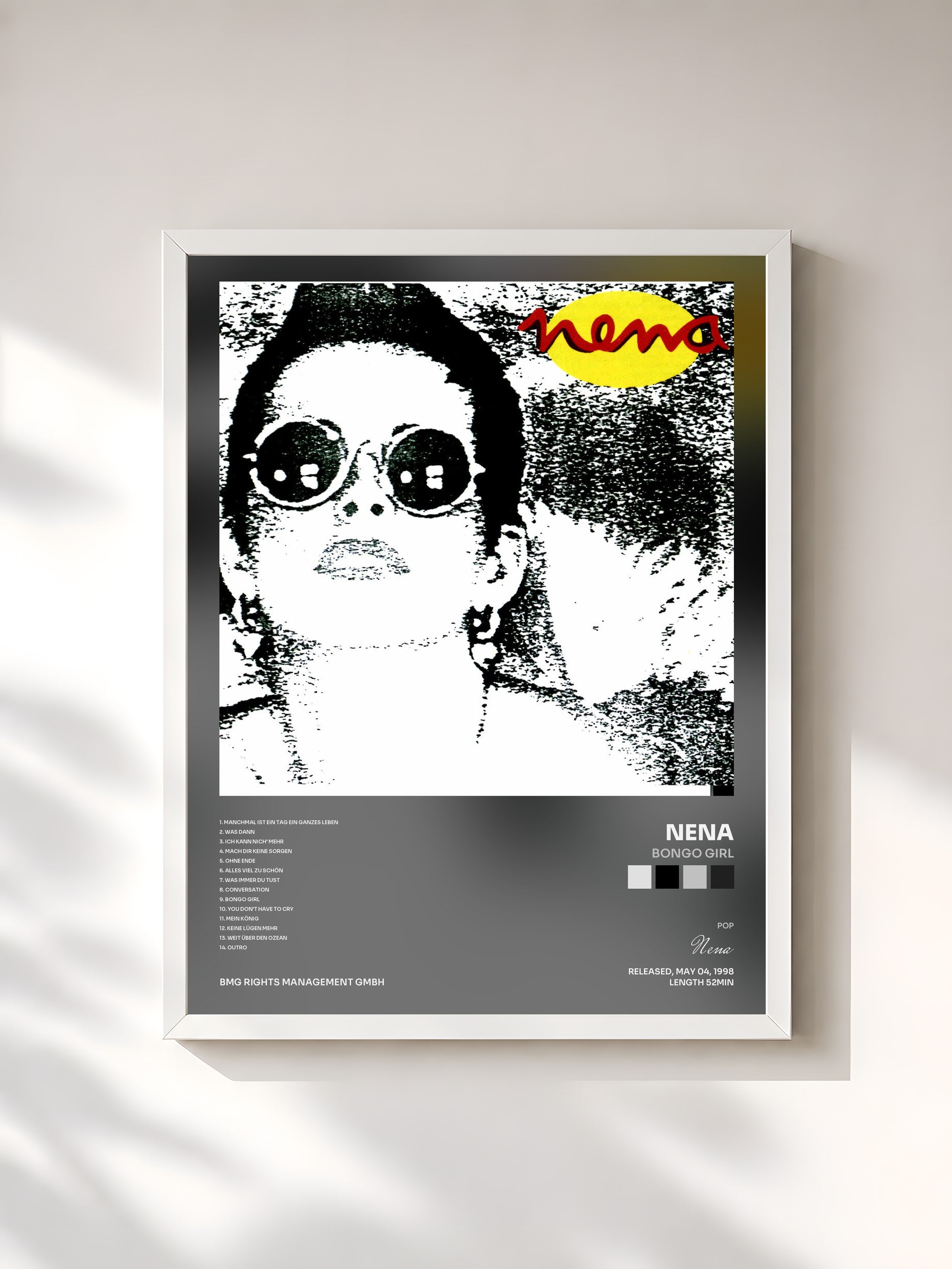 #blanc Tableau de l'album Bongo Girl de Nena, cadre blanc, imprimé et encadré en France