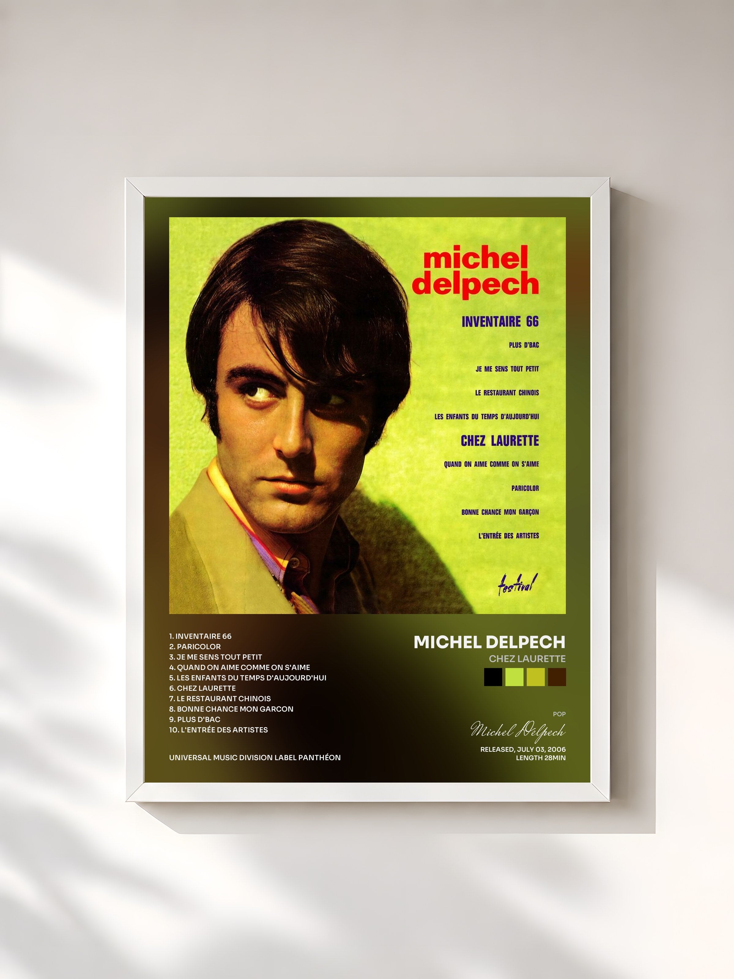 #blanc Tableau de l'album Chez Laurette de Michel Delpech, cadre blanc, imprimé et encadré en France