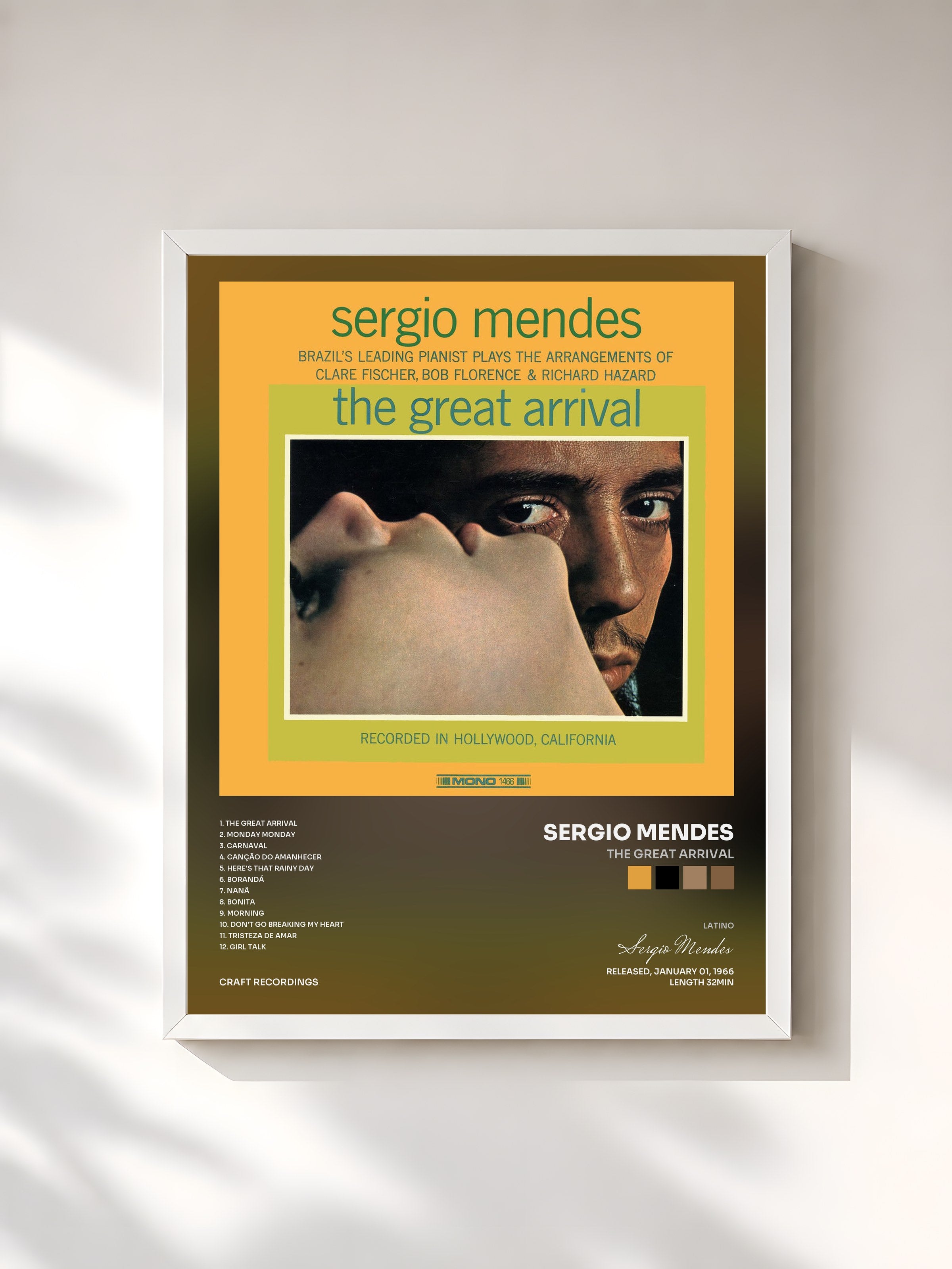 #blanc Tableau de l'album The Great Arrival de Sergio Mendes, cadre blanc, imprimé et encadré en France