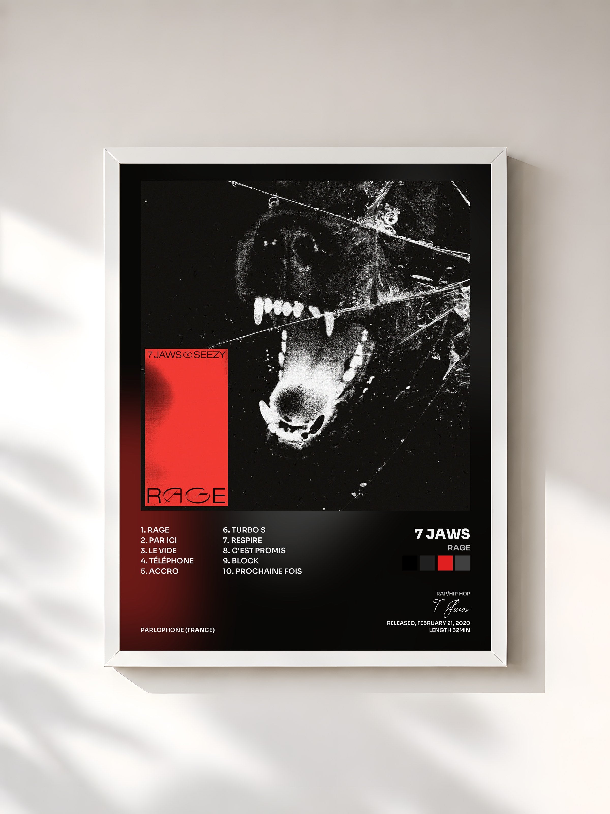 #blanc Tableau de l'album RAGE de 7 Jaws, cadre blanc, imprimé et encadré en France