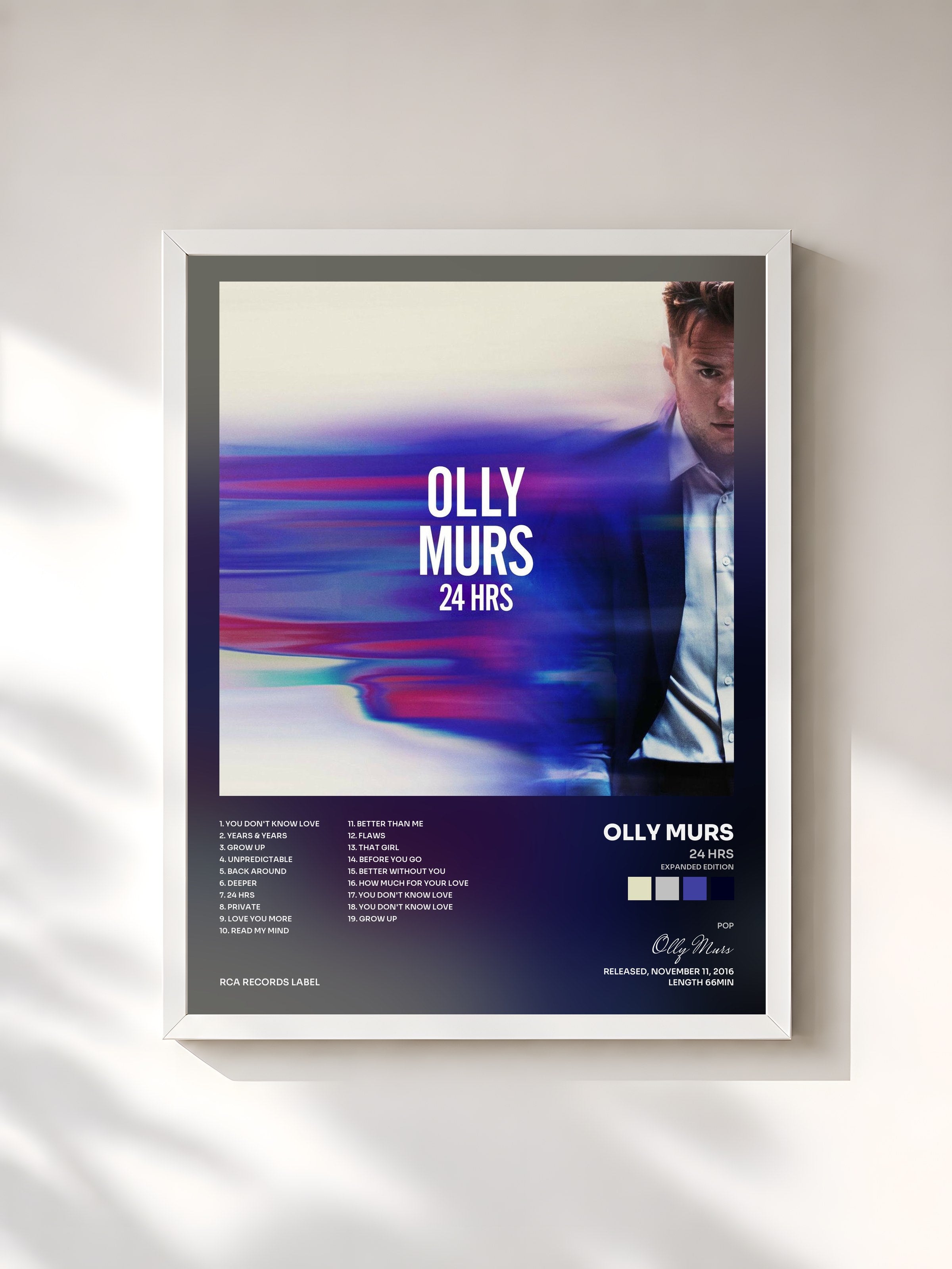 #blanc Tableau de l'album 24 HRS (Expanded Edition) de Olly Murs, cadre blanc, imprimé et encadré en France