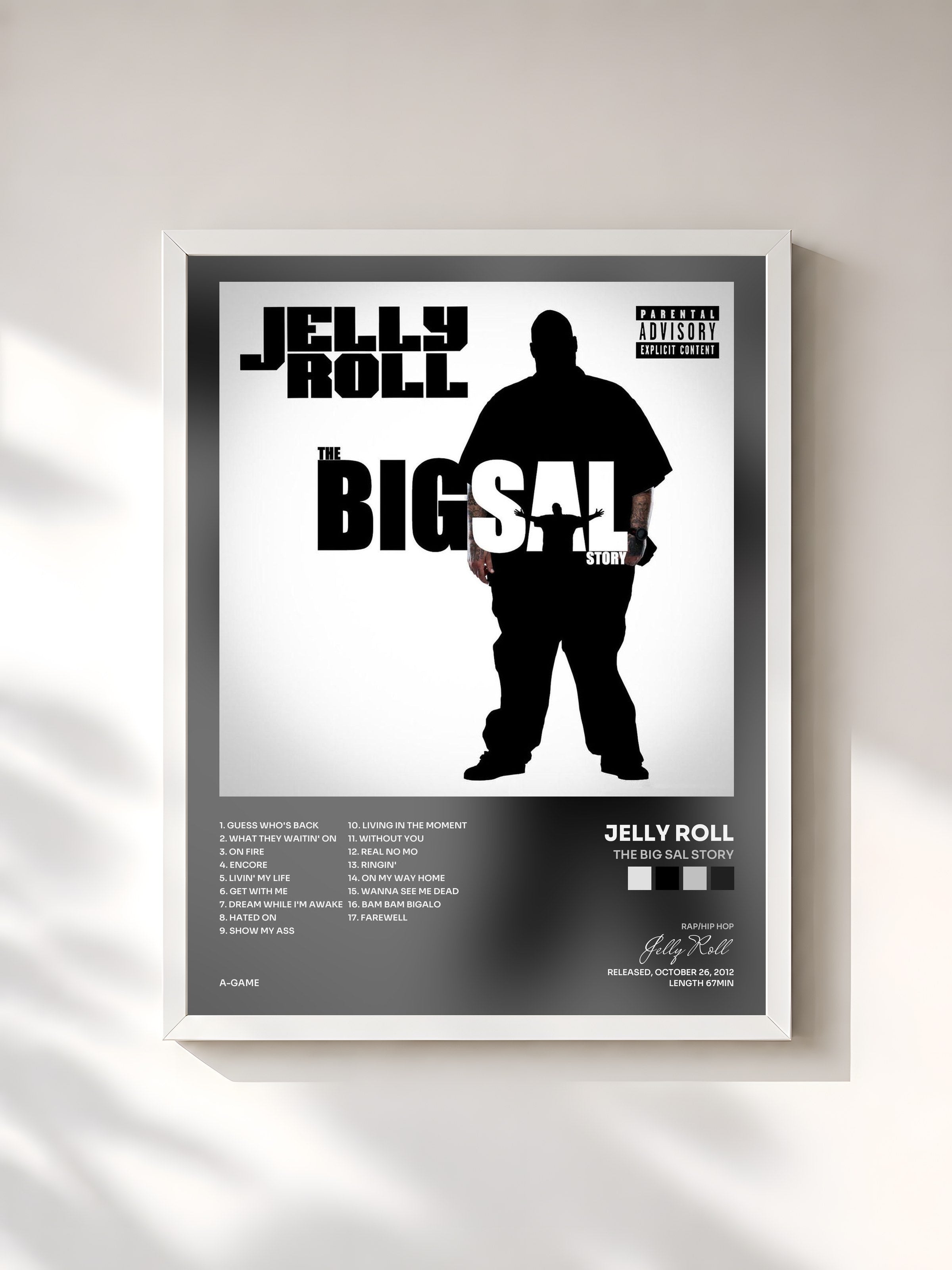 #blanc Tableau de l'album The Big Sal Story de Jelly Roll, cadre blanc, imprimé et encadré en France