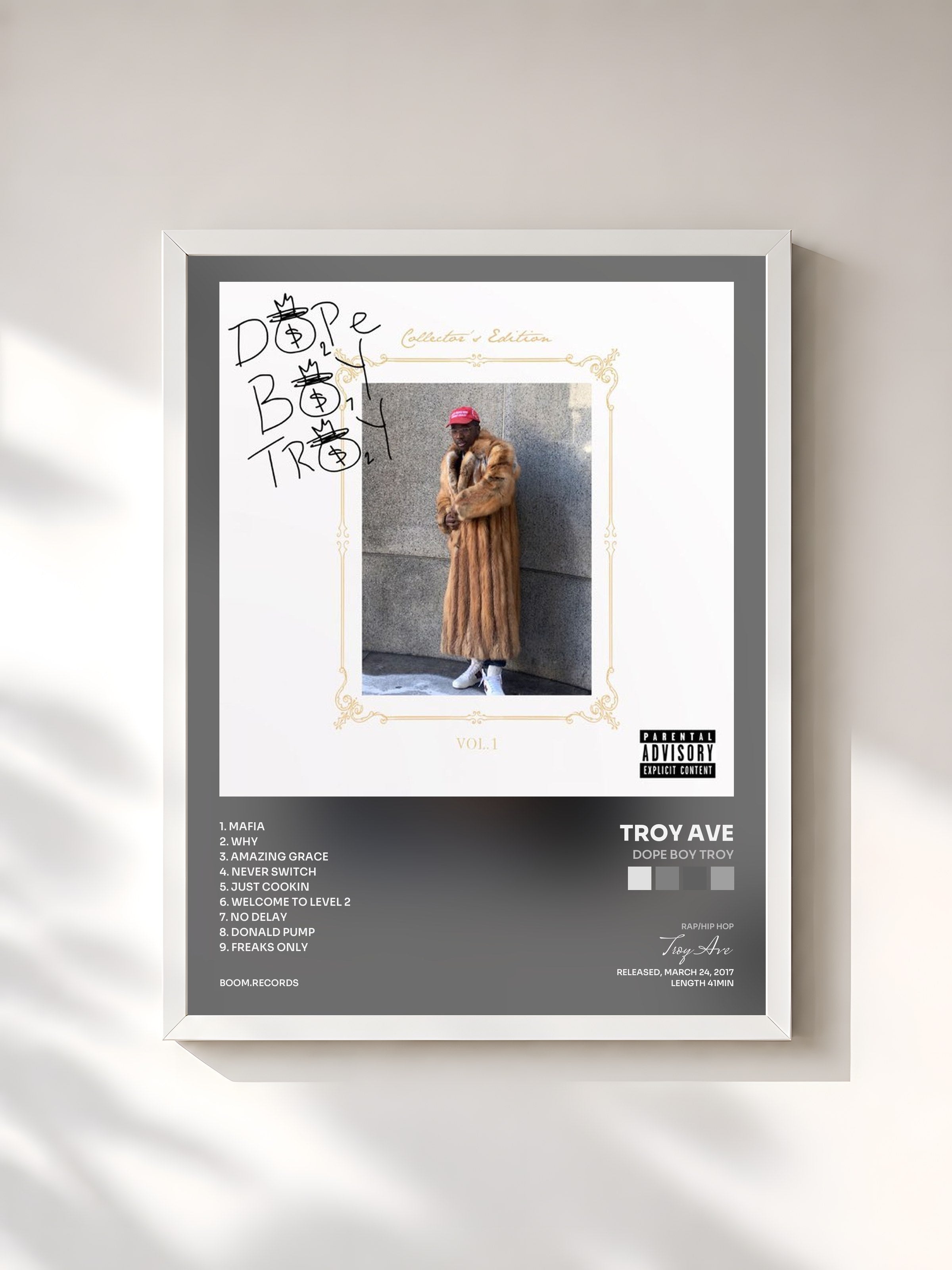 #blanc Tableau de l'album Dope Boy Troy de Troy Ave, cadre blanc, imprimé et encadré en France