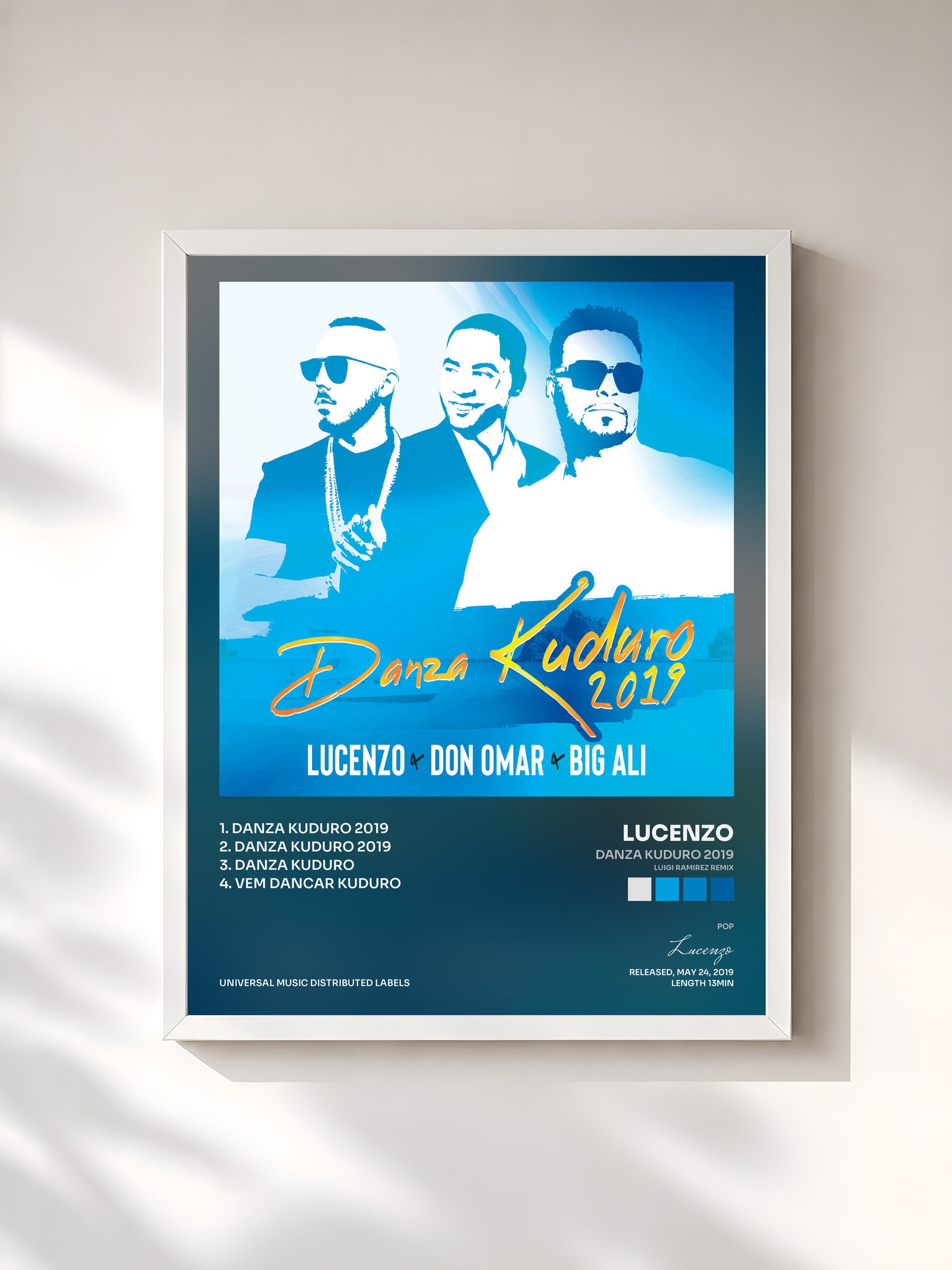 #blanc Tableau de l'album Danza Kuduro 2019 (Luigi Ramirez Remix) de Lucenzo, cadre blanc, imprimé et encadré en France