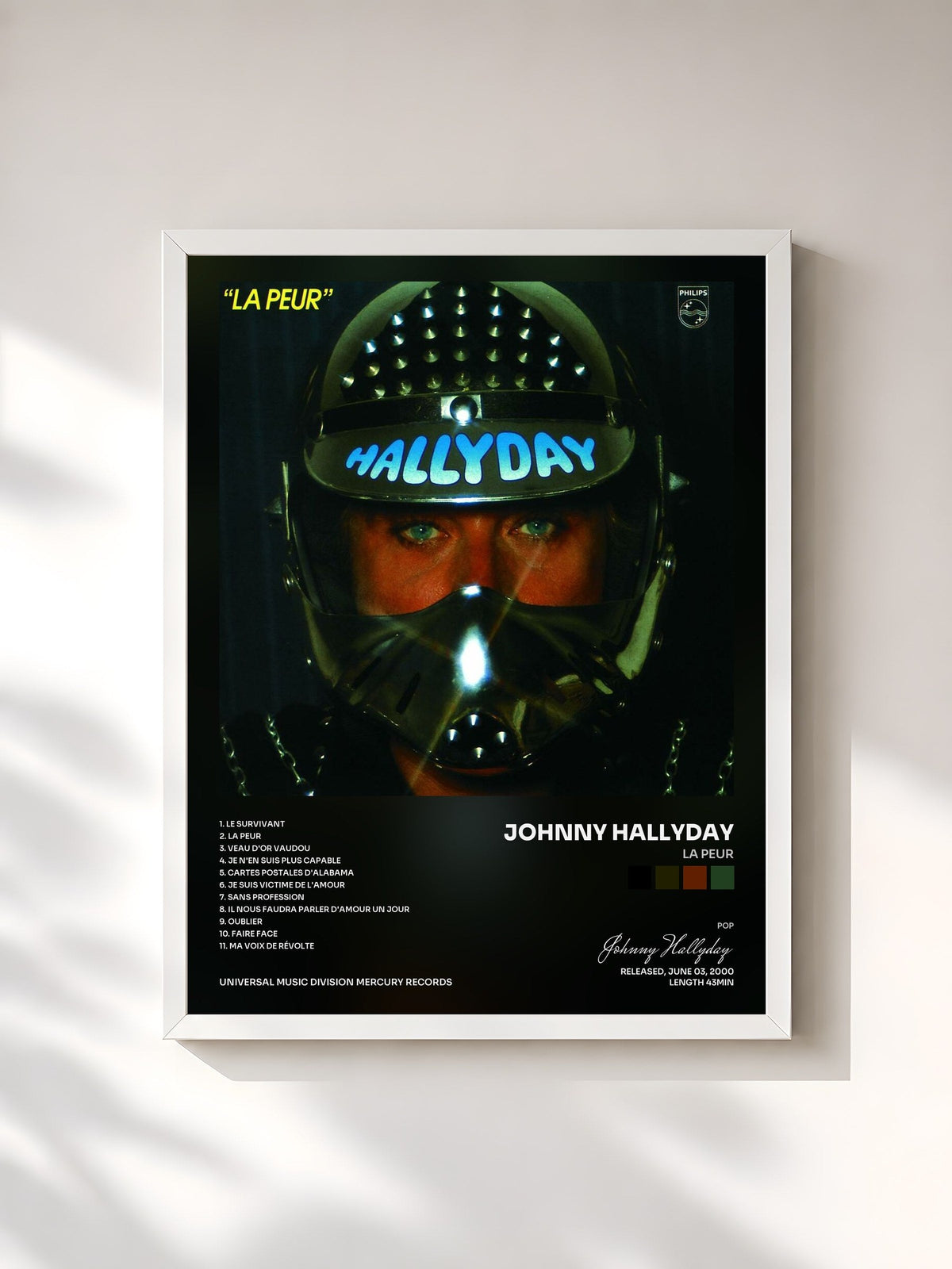 #blanc Tableau de l'album La peur de Johnny Hallyday, cadre blanc, imprimé et encadré en France
