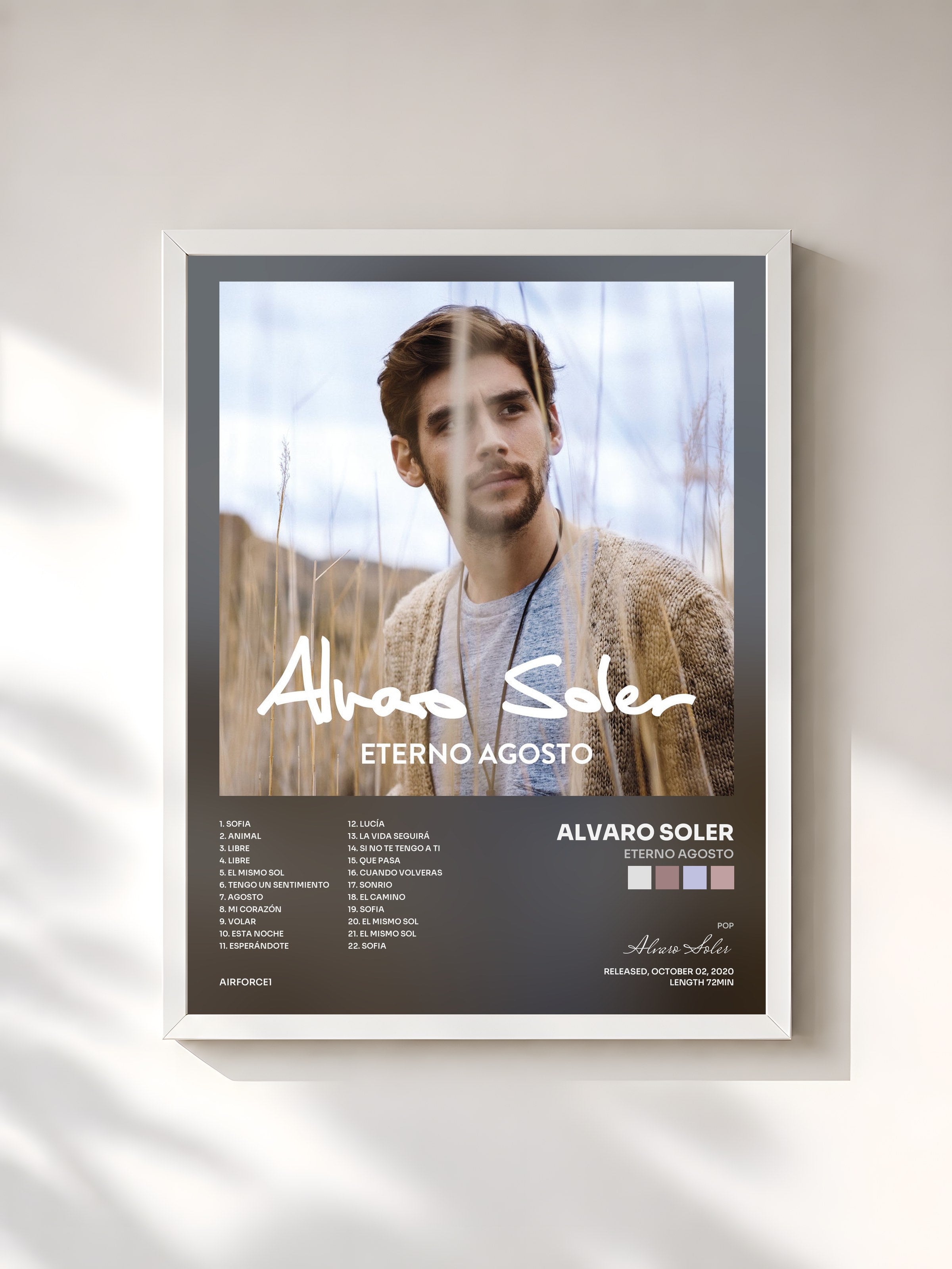 #blanc Tableau de l'album Eterno Agosto de Alvaro Soler, cadre blanc, imprimé et encadré en France