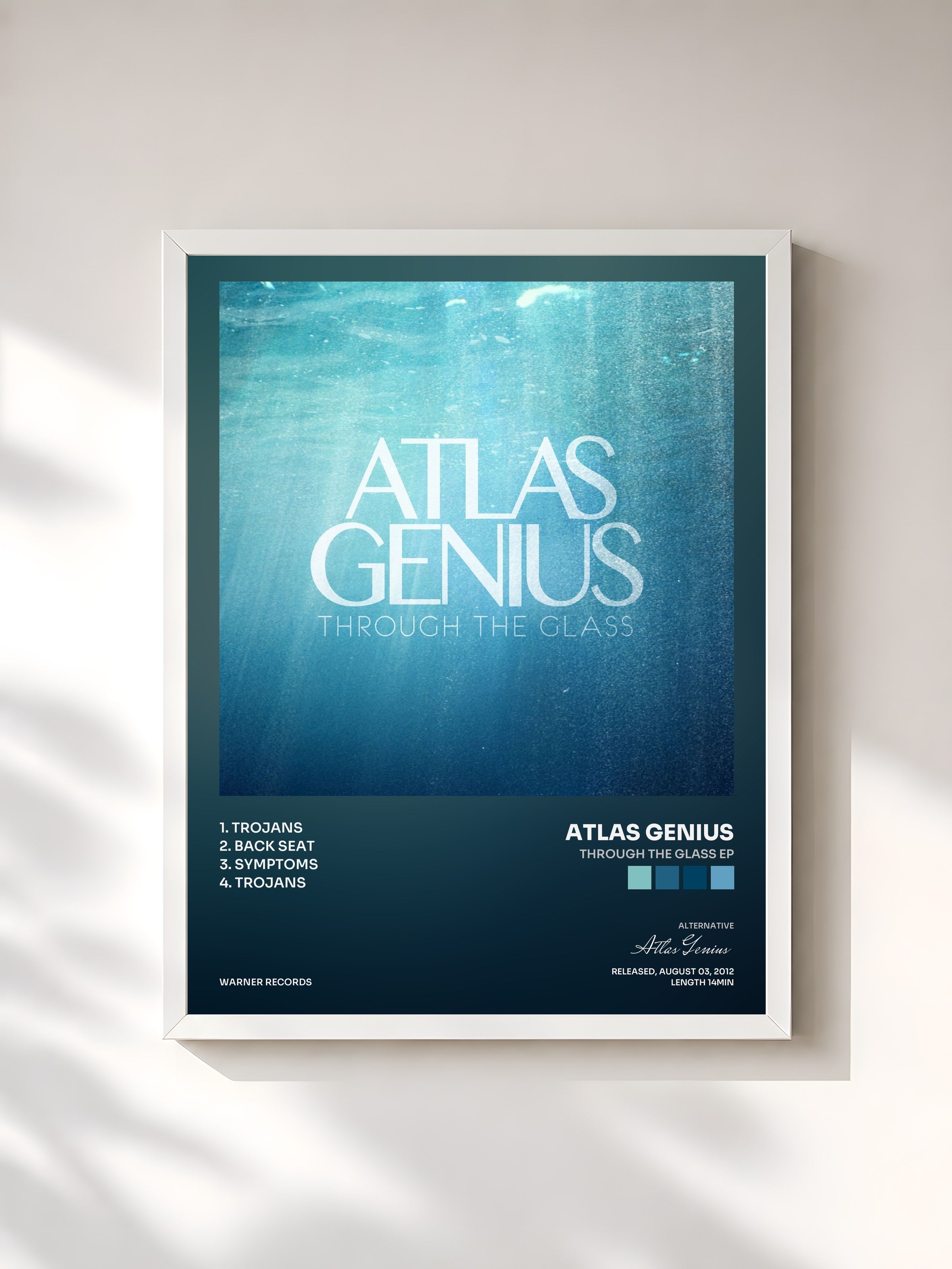 #blanc Tableau de l'album Through the Glass EP de Atlas Genius, cadre blanc, imprimé et encadré en France