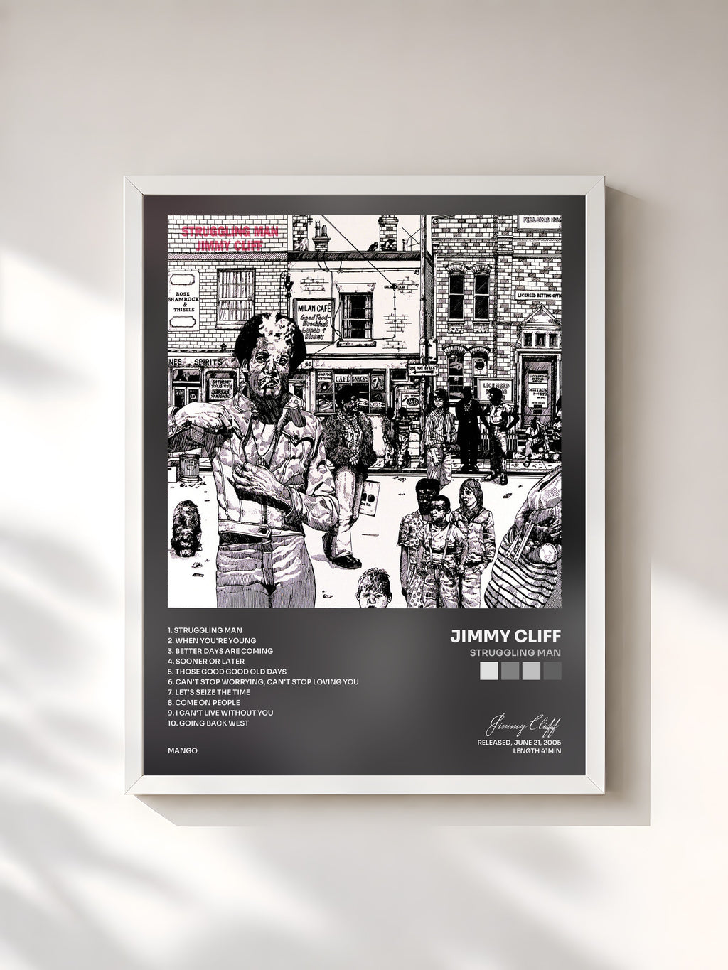 #blanc Tableau de l'album Struggling Man de Jimmy Cliff, cadre blanc, imprimé et encadré en France