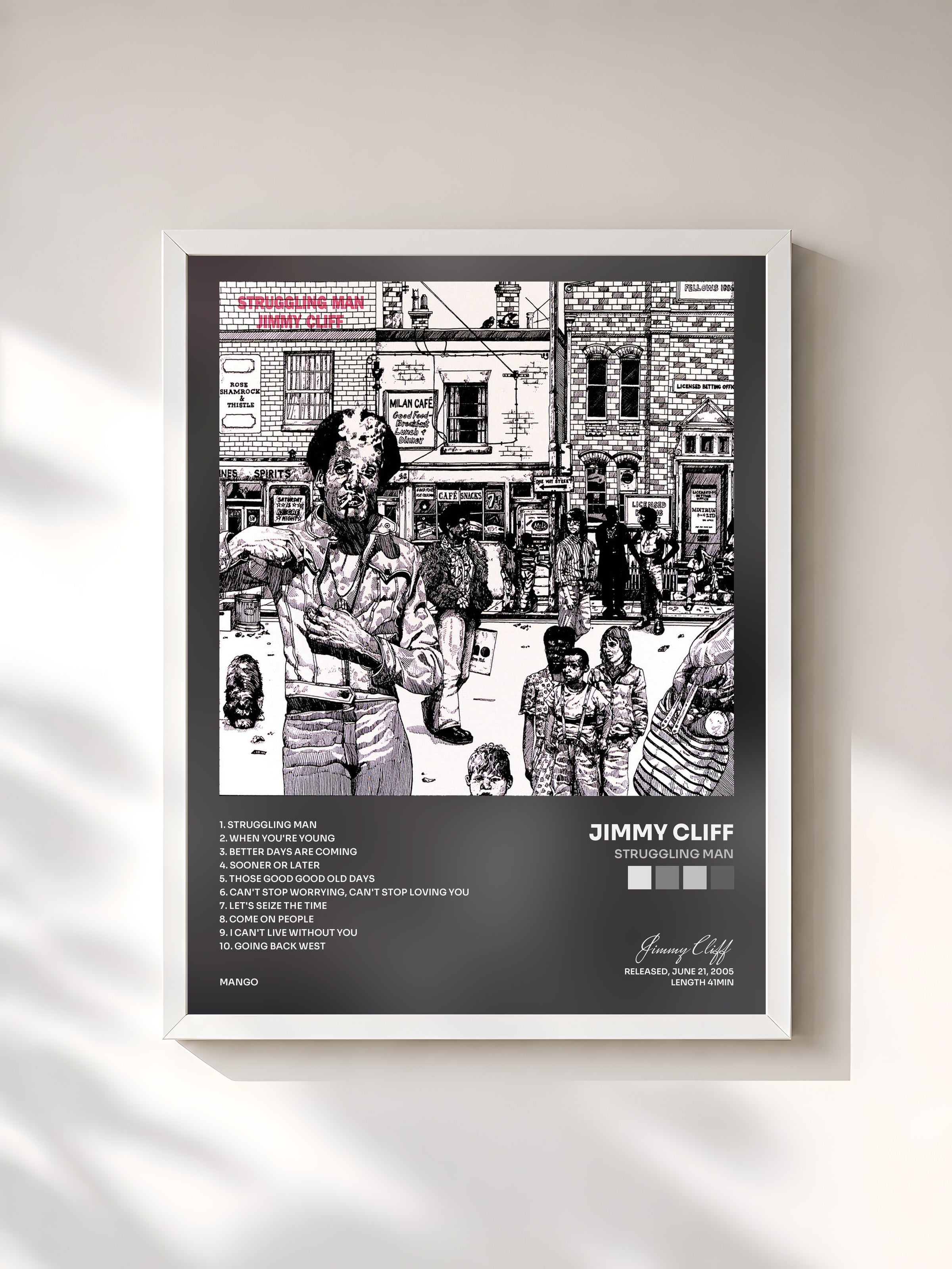 #blanc Tableau de l'album Struggling Man de Jimmy Cliff, cadre blanc, imprimé et encadré en France