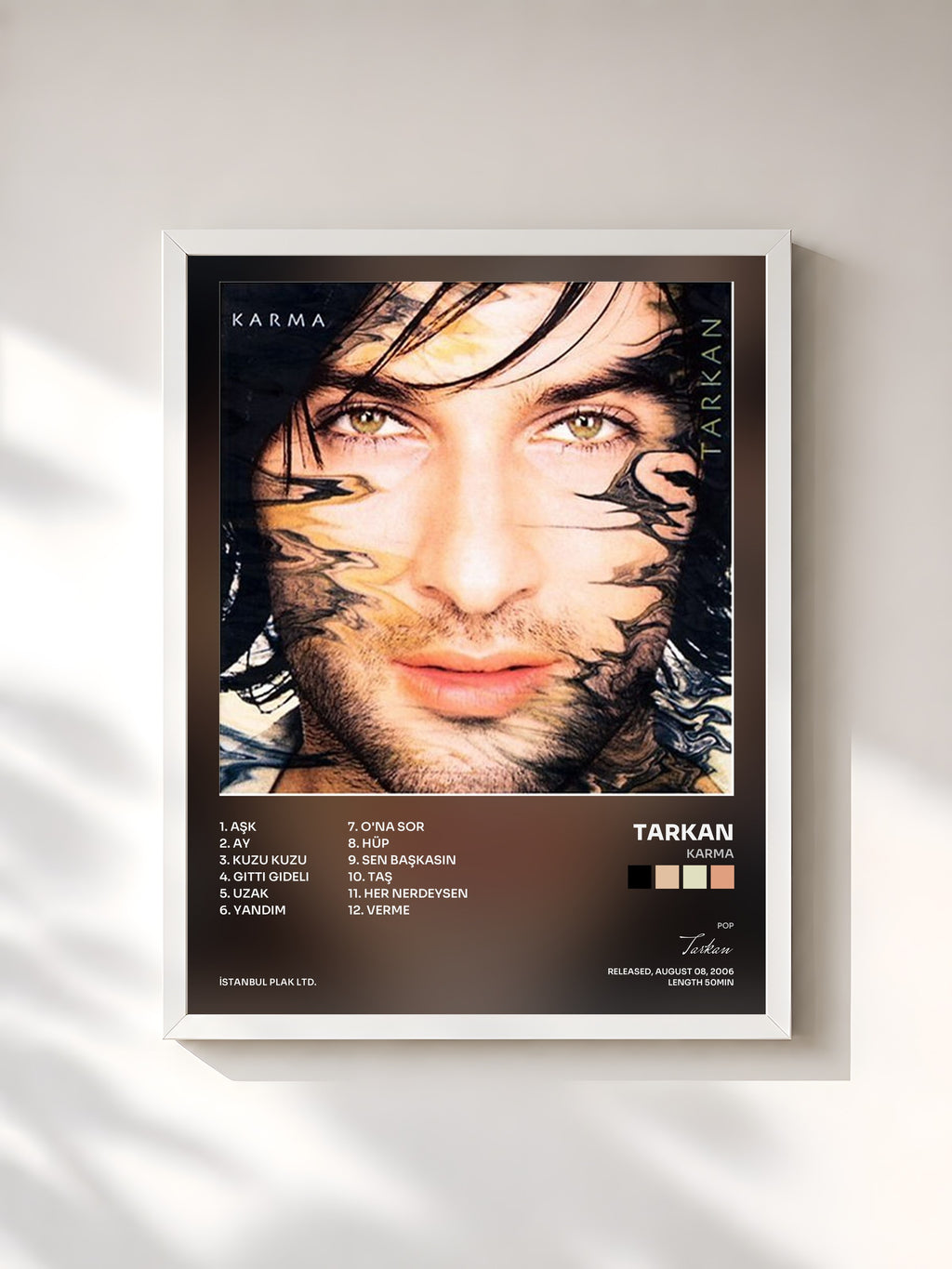 #blanc Tableau de l'album Karma de Tarkan, cadre blanc, imprimé et encadré en France