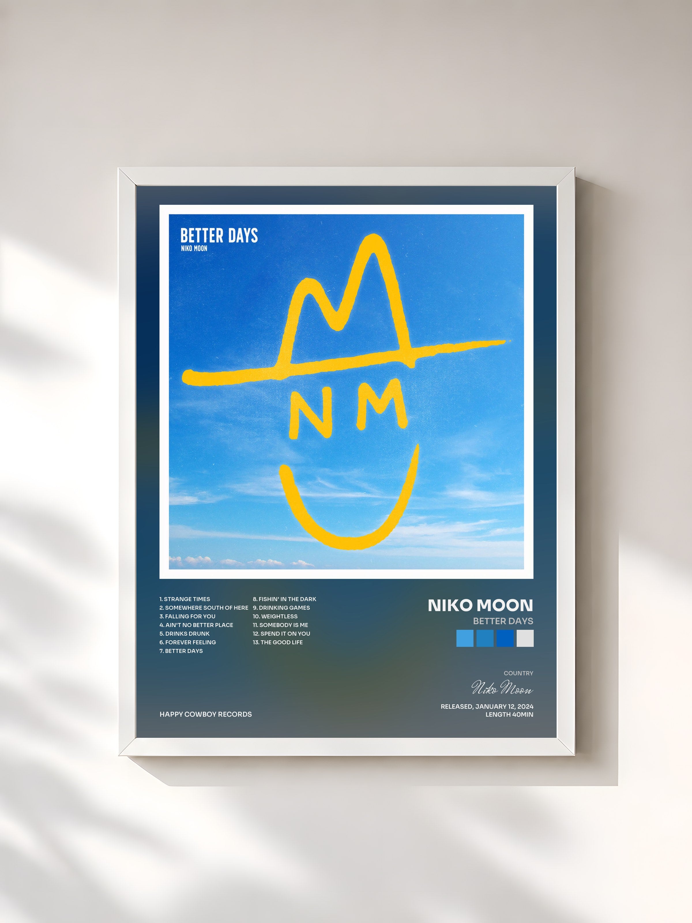 #blanc Tableau de l'album BETTER DAYS de Niko Moon, cadre blanc, imprimé et encadré en France