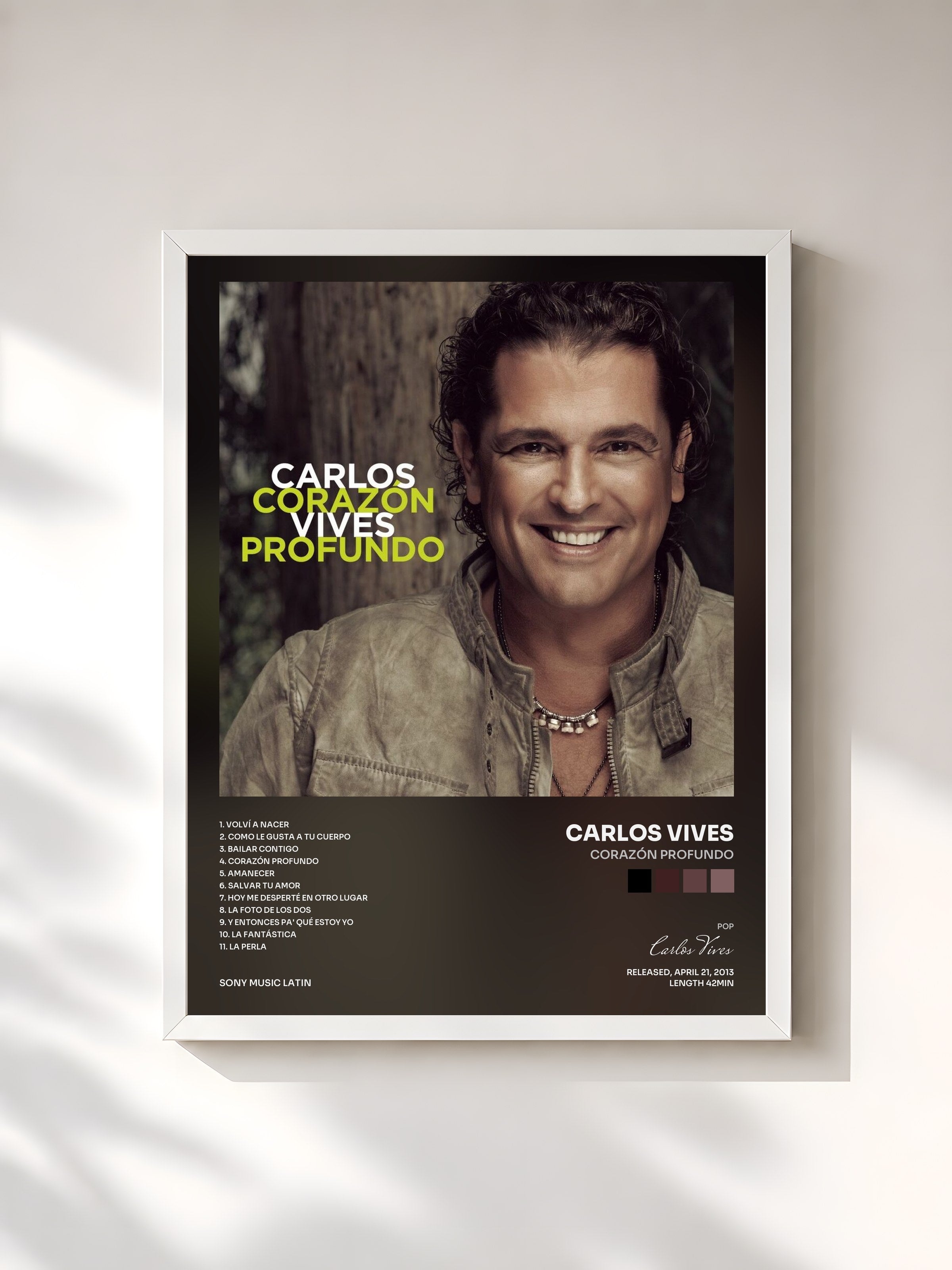 #blanc Tableau de l'album Corazón Profundo de Carlos Vives, cadre blanc, imprimé et encadré en France