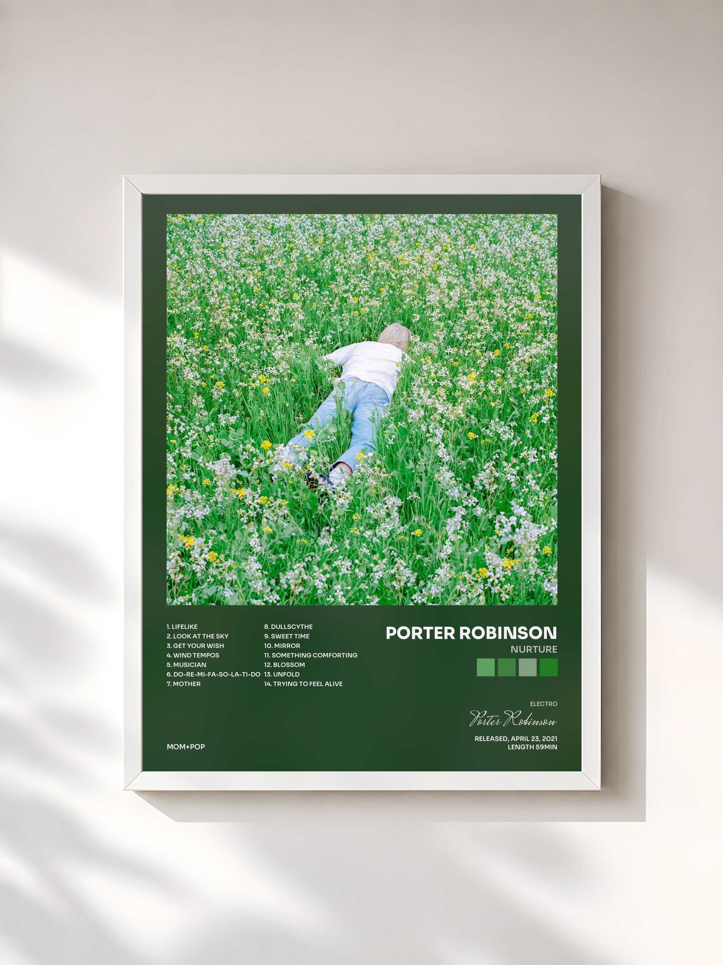 #blanc Tableau de l'album Nurture de Porter Robinson, cadre blanc, imprimé et encadré en France