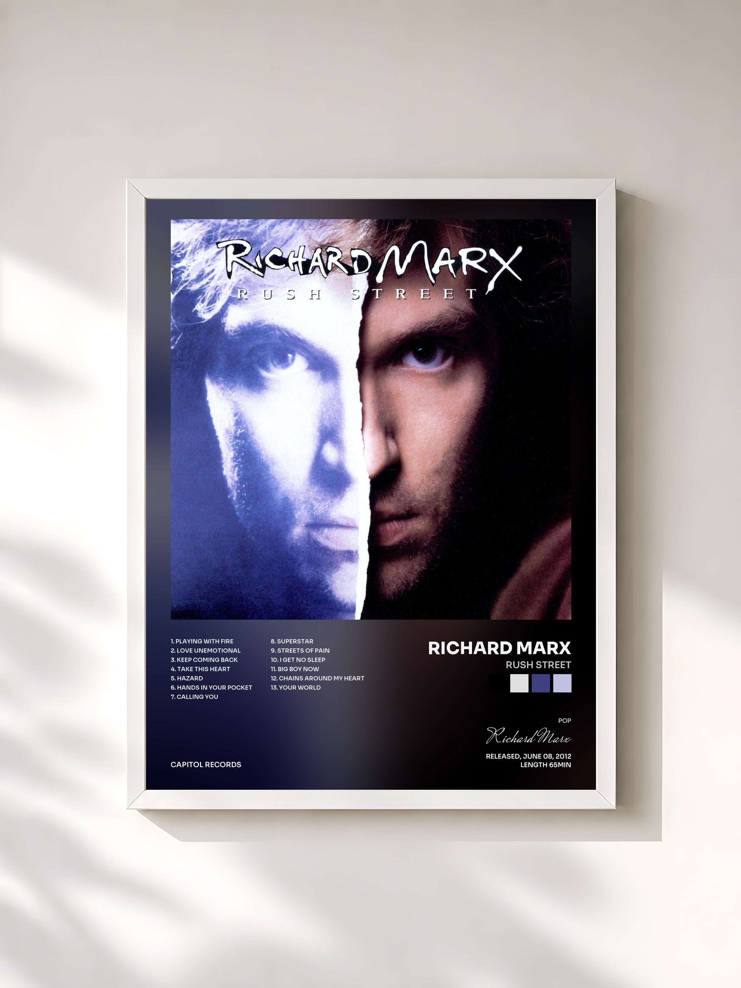 #blanc Tableau de l'album Rush Street de Richard Marx, cadre blanc, imprimé et encadré en France