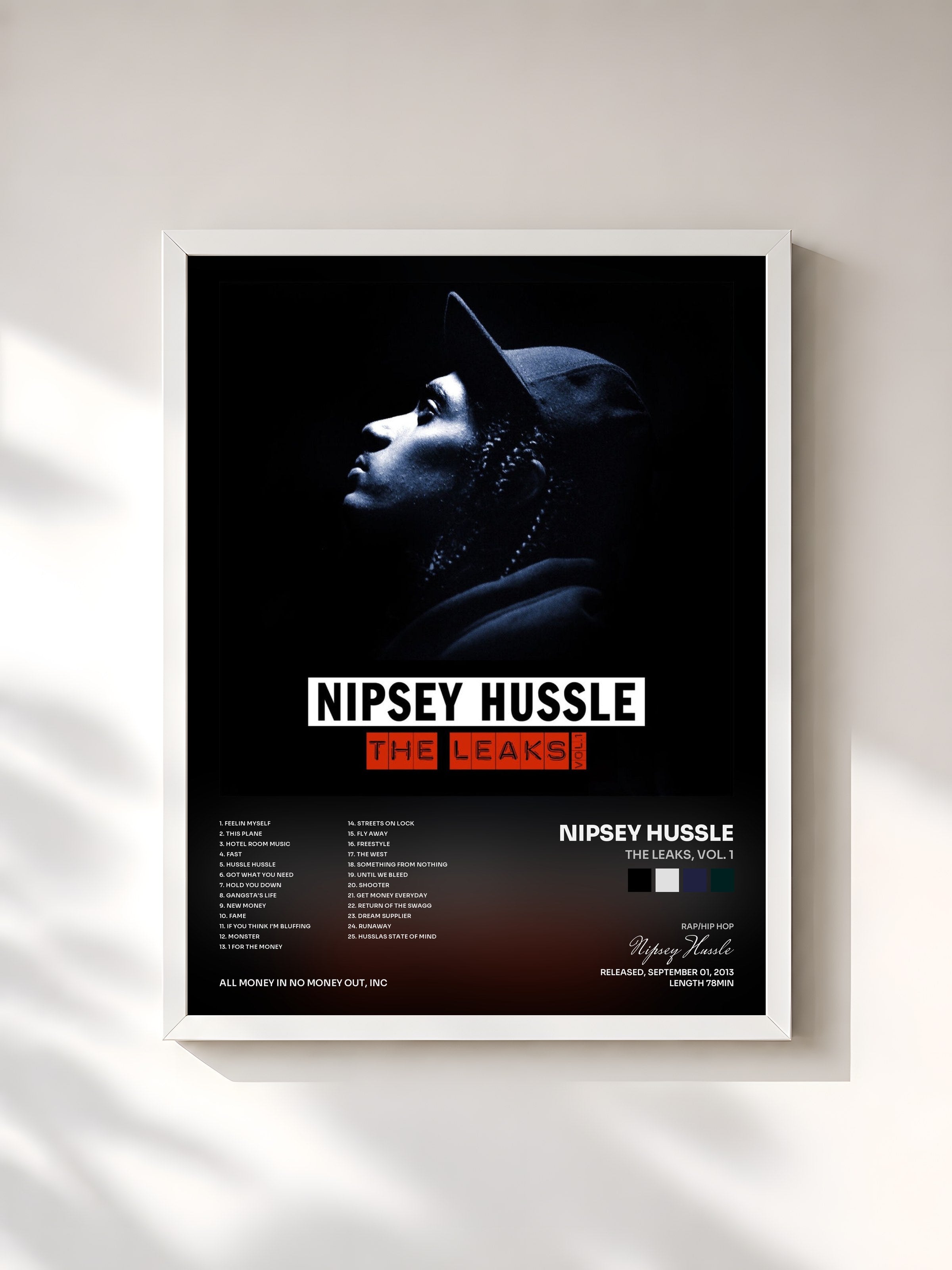 #blanc Tableau de l'album The Leaks, Vol. 1 de Nipsey Hussle, cadre blanc, imprimé et encadré en France