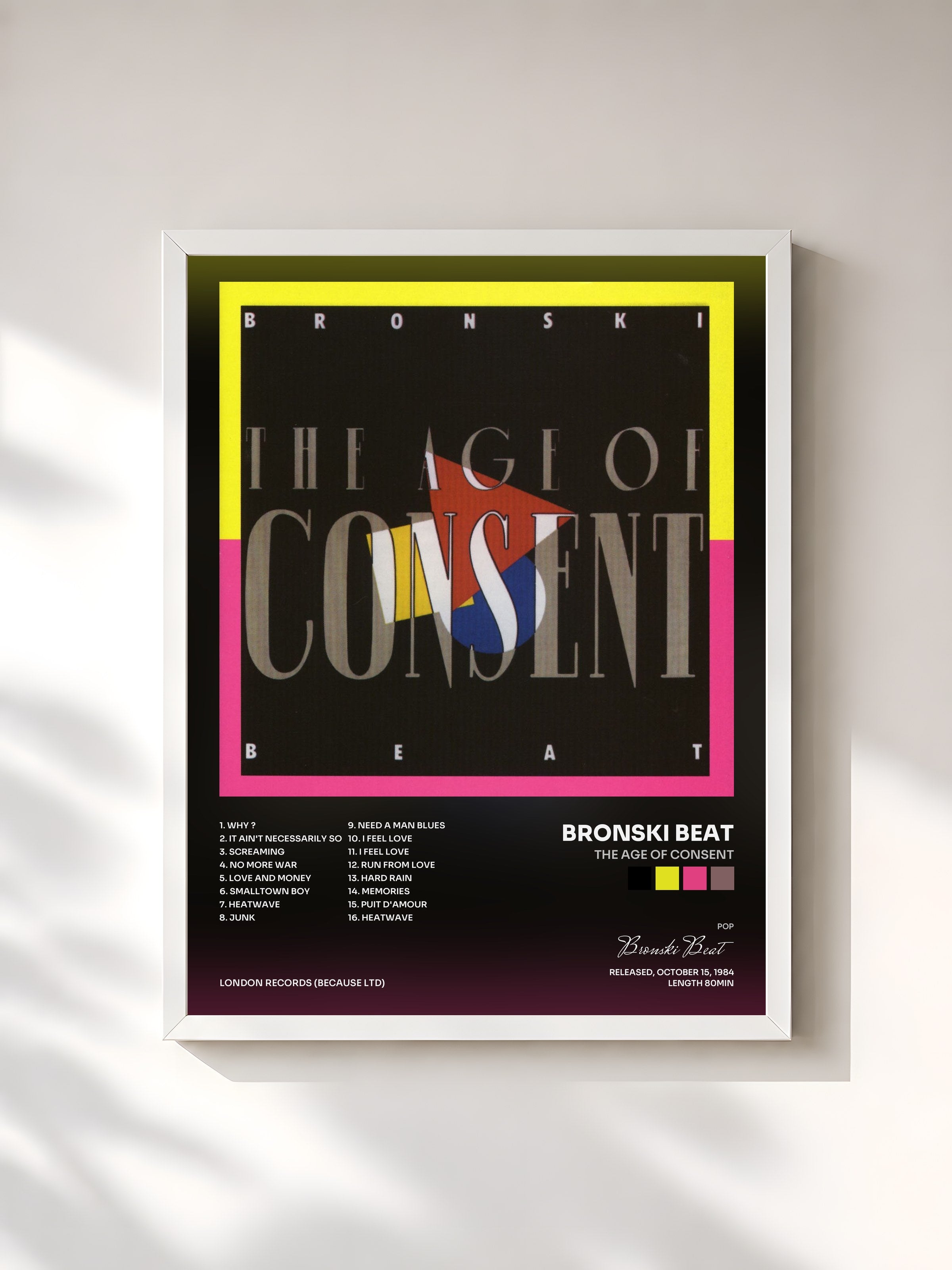 #blanc Tableau de l'album The Age of Consent de Bronski Beat, cadre blanc, imprimé et encadré en France