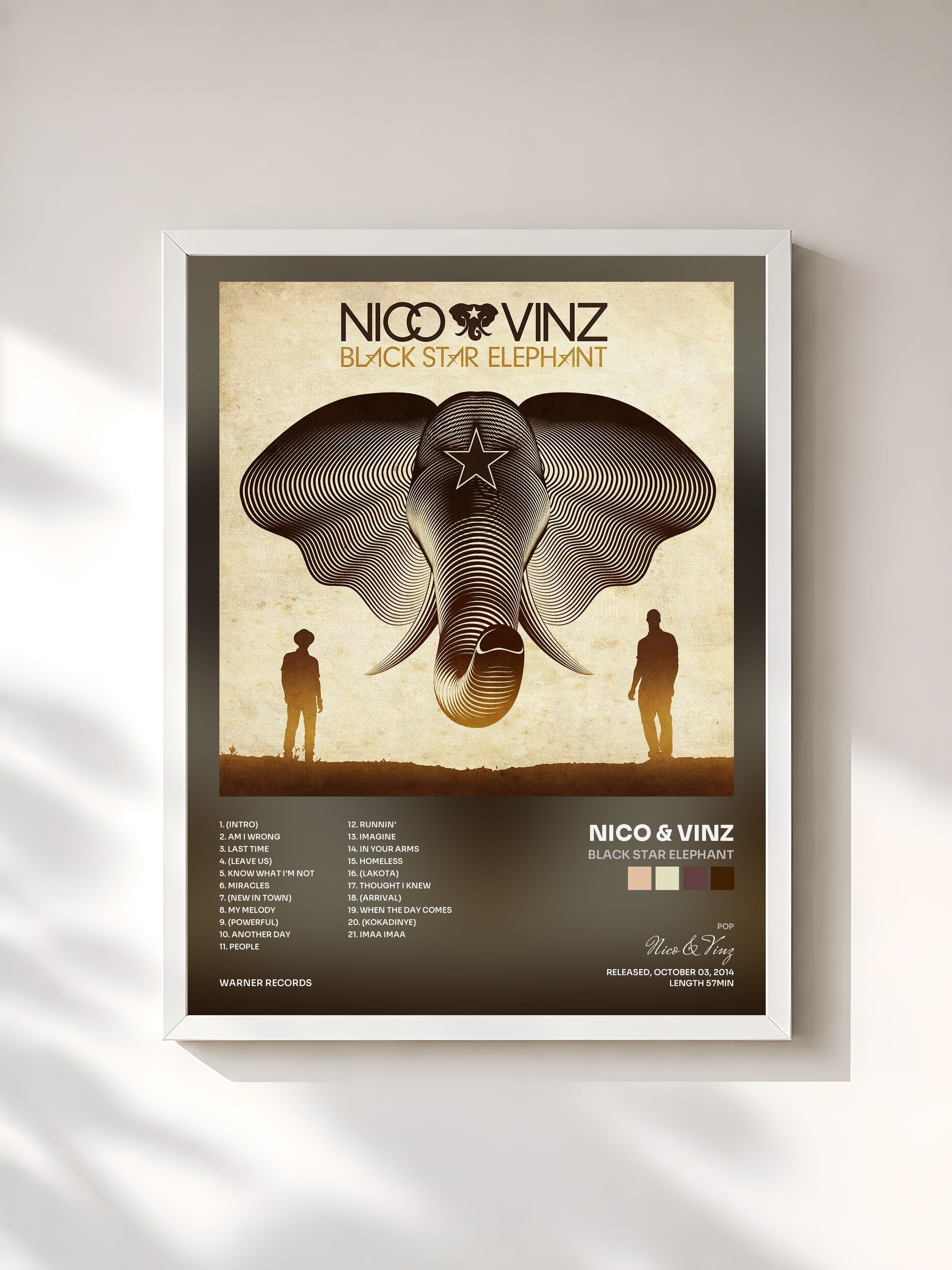#blanc Tableau de l'album Black Star Elephant de Nico & Vinz, cadre blanc, imprimé et encadré en France