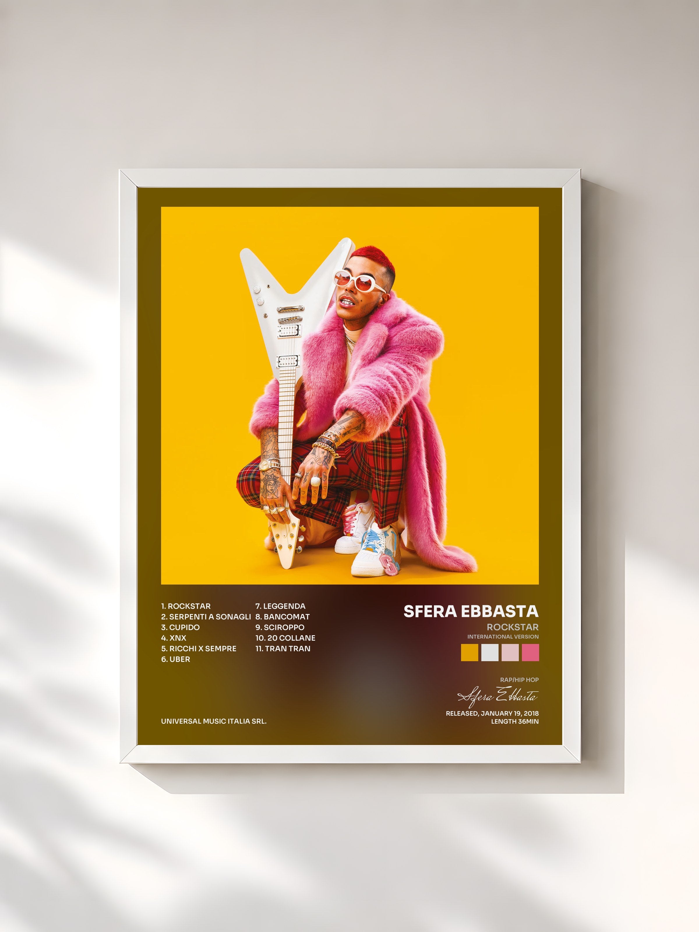 #blanc Tableau de l'album Rockstar (International Version) de Sfera Ebbasta, cadre blanc, imprimé et encadré en France