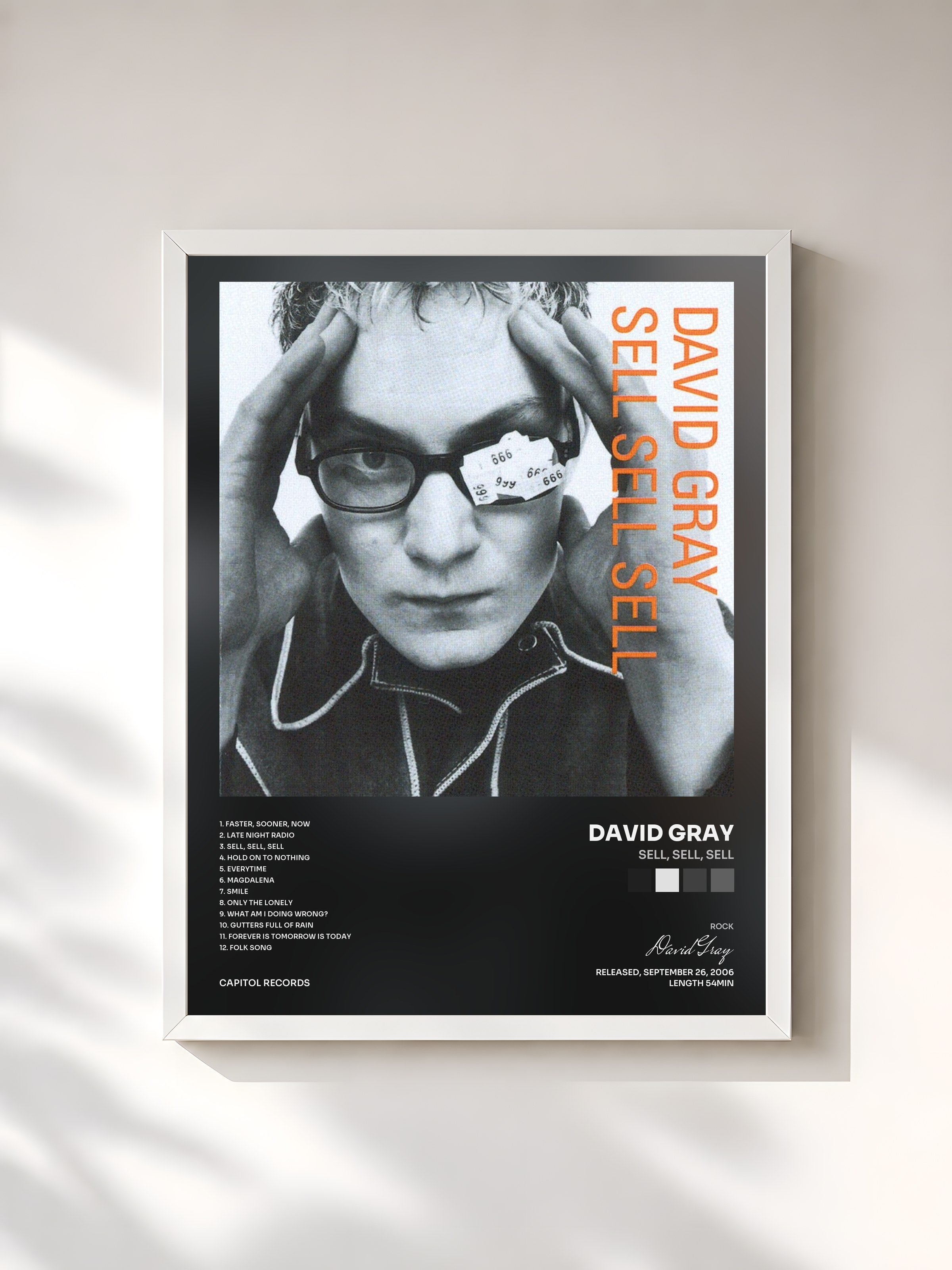 #blanc Tableau de l'album Sell, Sell, Sell de David Gray, cadre blanc, imprimé et encadré en France
