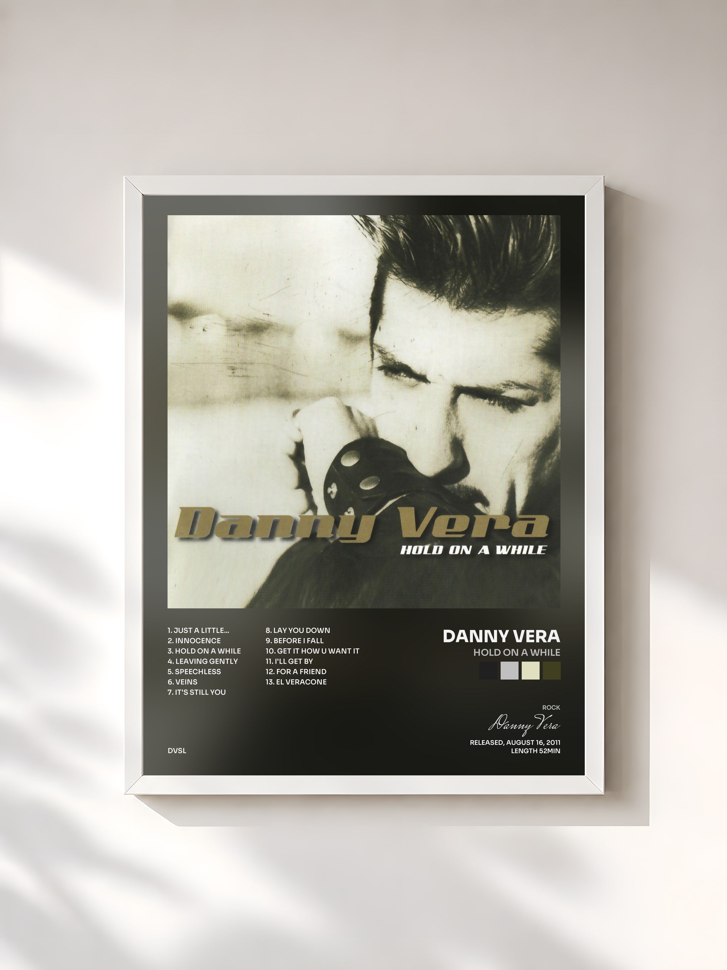 #blanc Tableau de l'album Hold on a While de Danny Vera, cadre blanc, imprimé et encadré en France