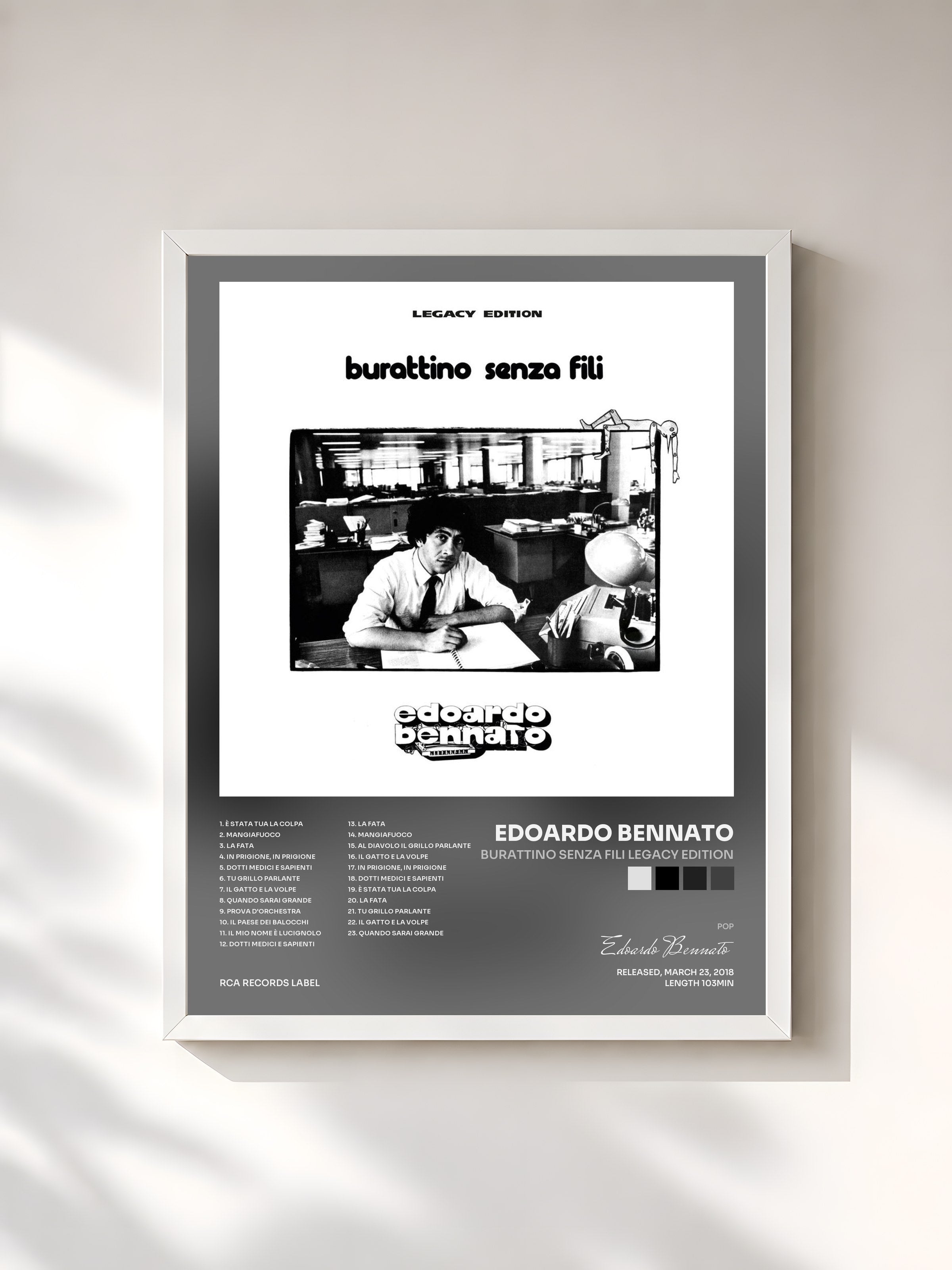 #blanc Tableau de l'album Burattino Senza Fili Legacy Edition de Edoardo Bennato, cadre blanc, imprimé et encadré en France