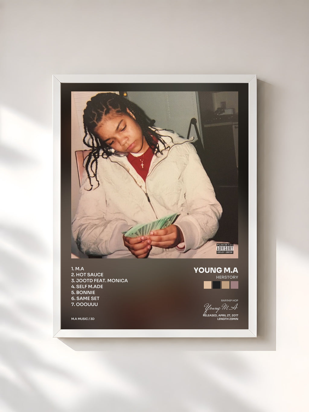 #blanc Tableau de l'album Herstory de Young M.A, cadre blanc, imprimé et encadré en France