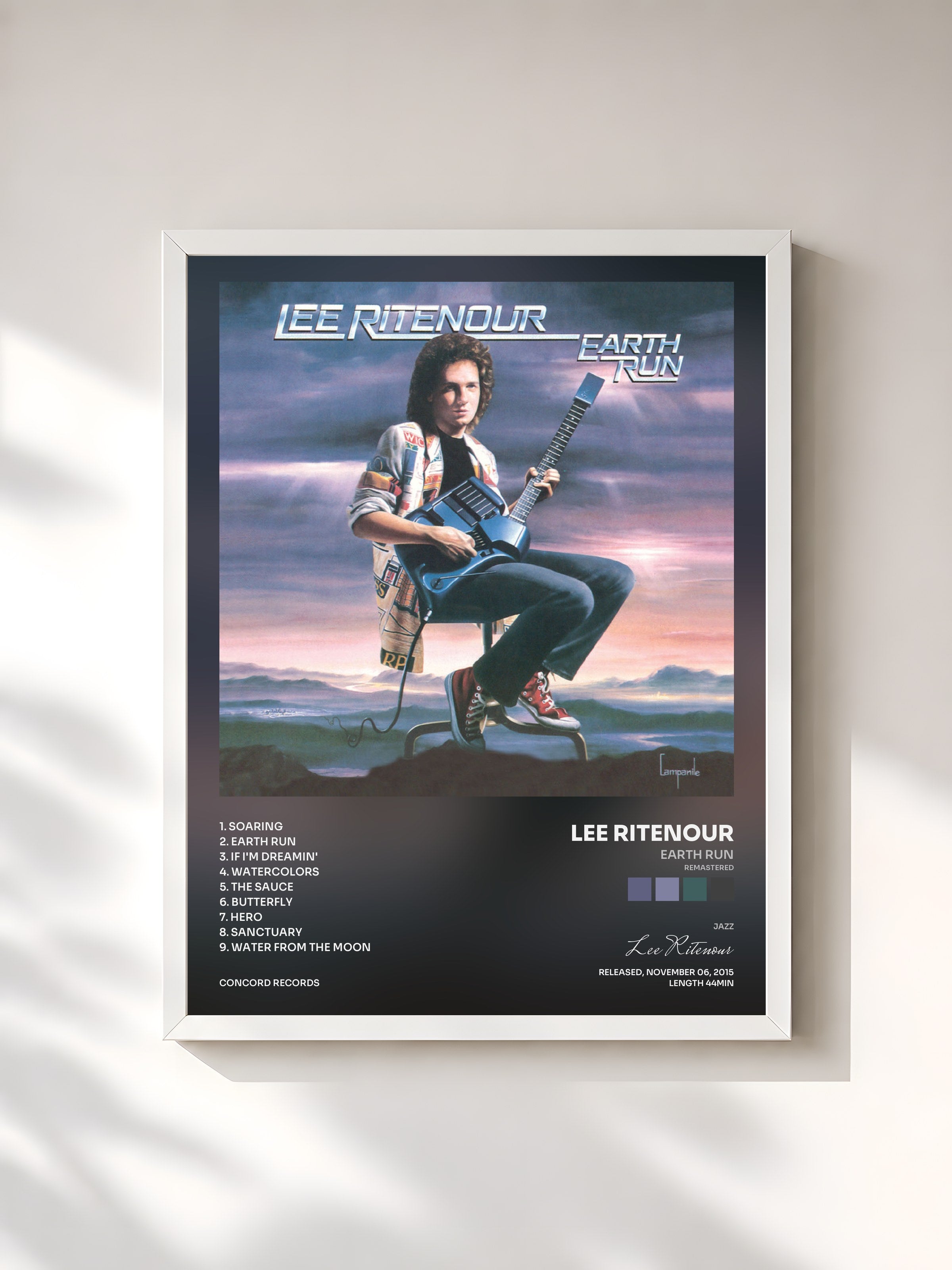 #blanc Tableau de l'album Earth Run (Remastered) de Lee Ritenour, cadre blanc, imprimé et encadré en France