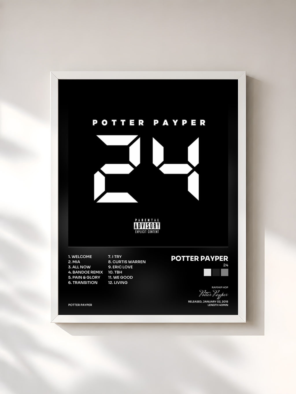 #blanc Tableau de l'album 24 de Potter Payper, cadre blanc, imprimé et encadré en France