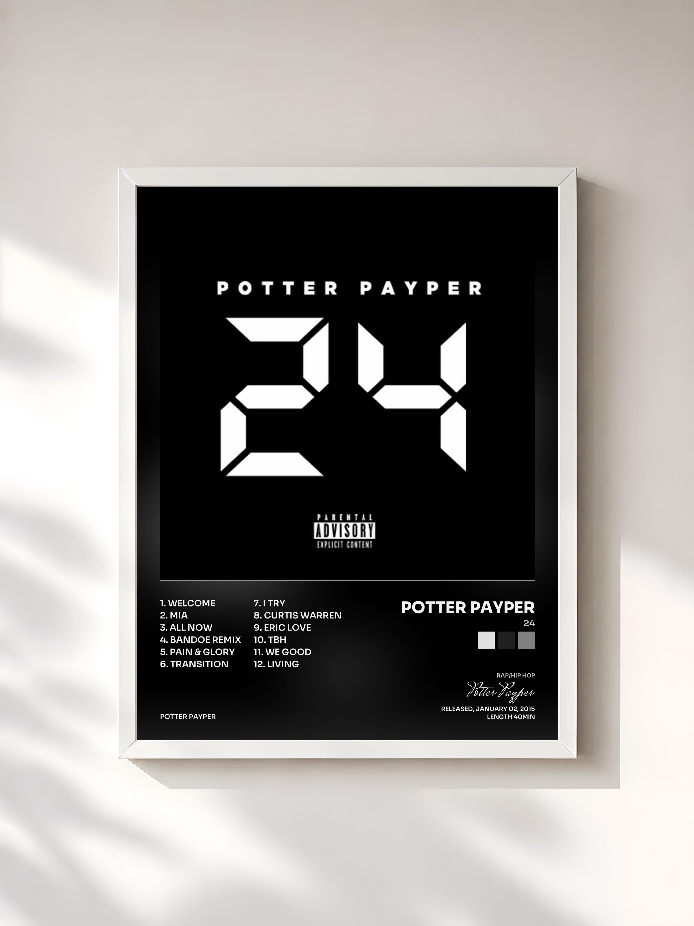 #blanc Tableau de l'album 24 de Potter Payper, cadre blanc, imprimé et encadré en France
