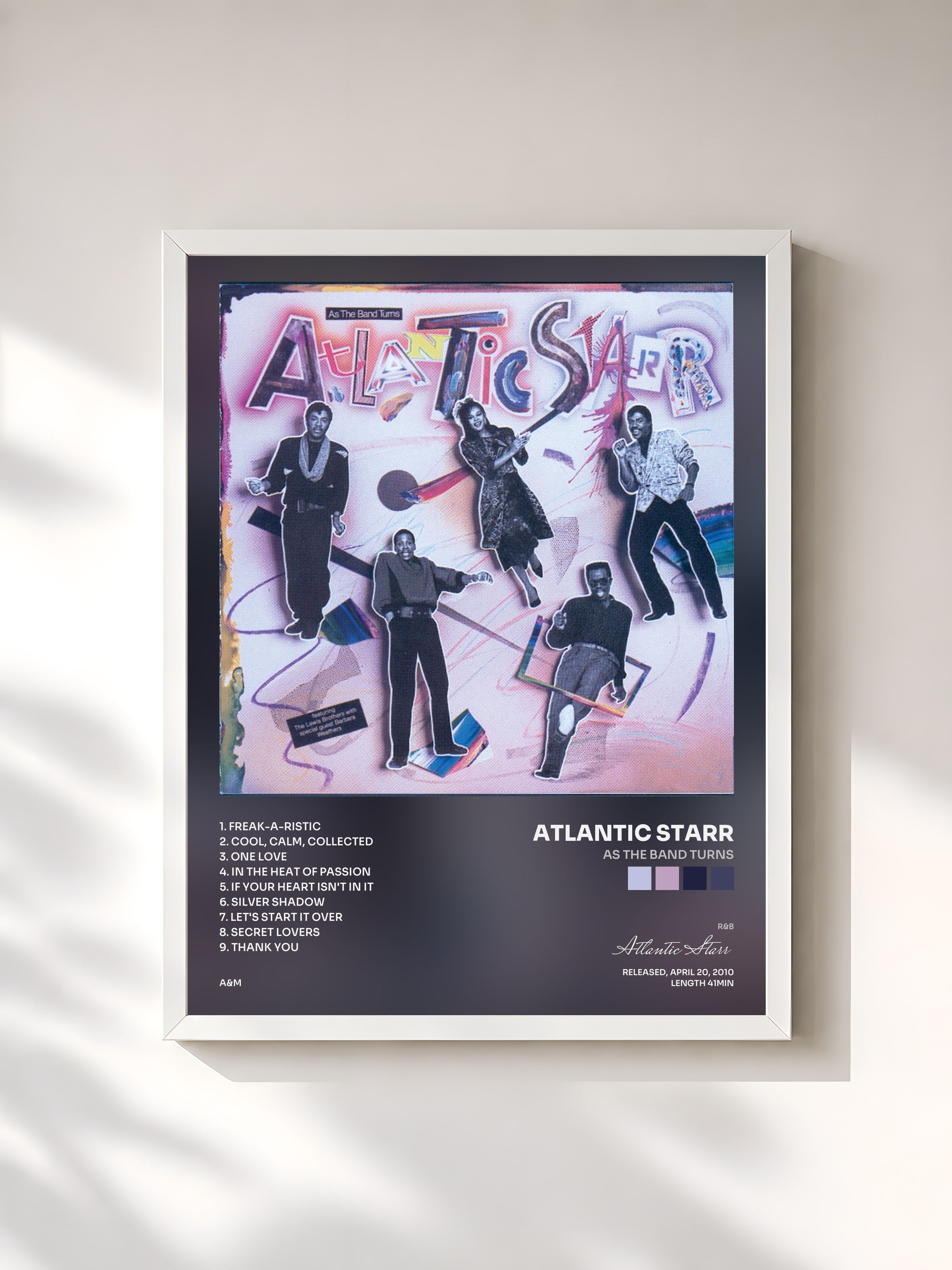 #blanc Tableau de l'album As The Band Turns de Atlantic Starr, cadre blanc, imprimé et encadré en France
