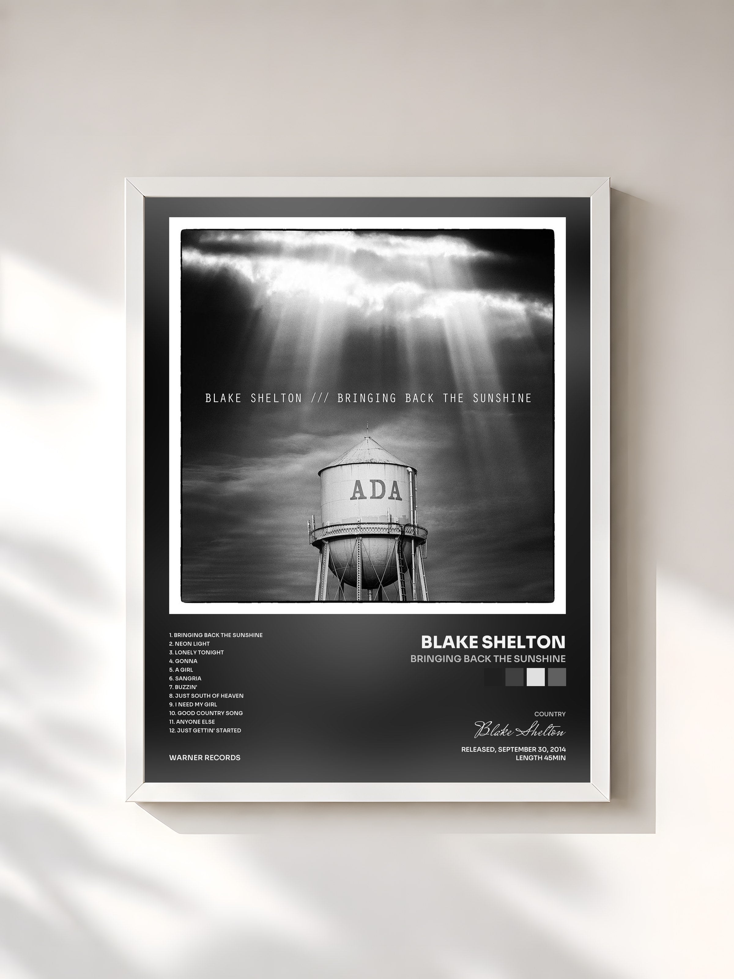 #blanc Tableau de l'album BRINGING BACK THE SUNSHINE de Blake Shelton, cadre blanc, imprimé et encadré en France