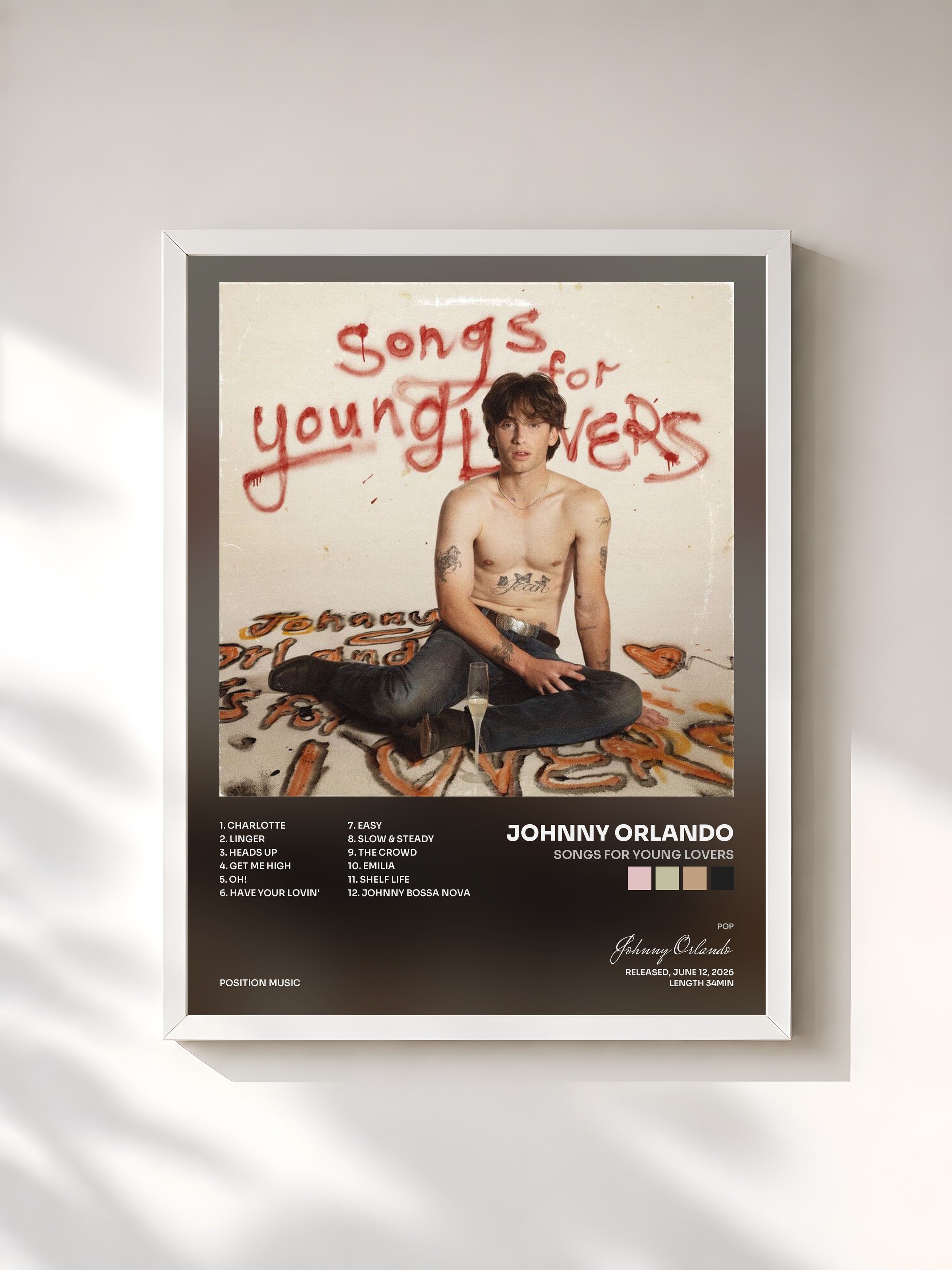 #blanc Tableau de l'album Songs for Young Lovers de Johnny Orlando, cadre blanc, imprimé et encadré en France