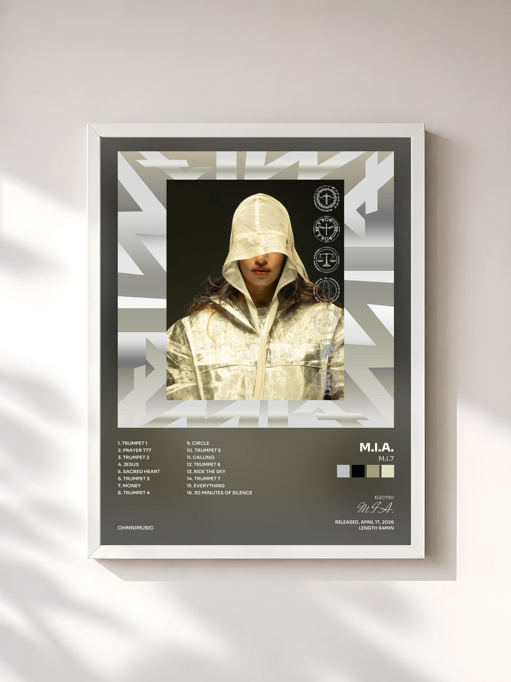 #blanc Tableau de l'album M.I.7 de M.I.A., cadre blanc, imprimé et encadré en France